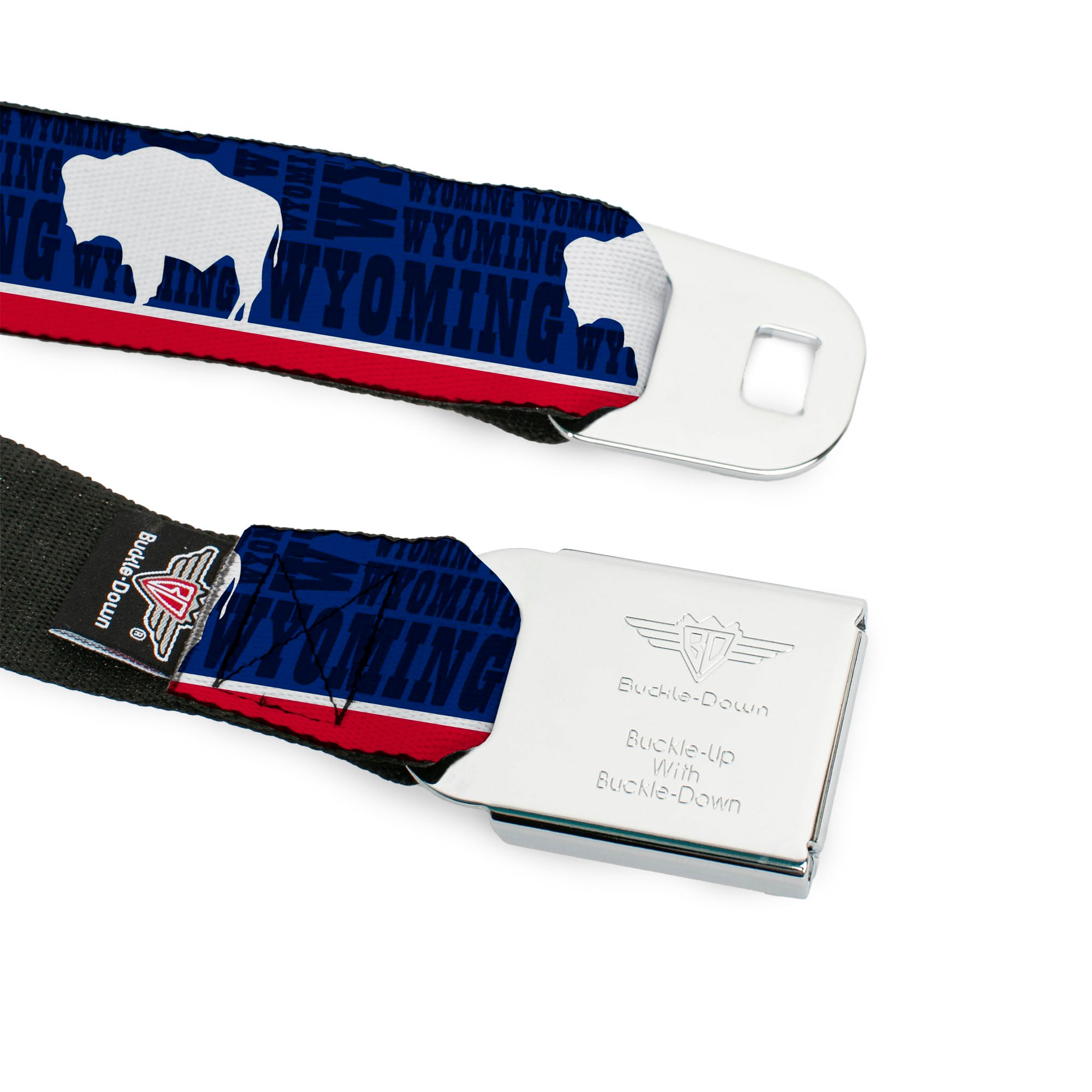 BD Wings Logo CLOSE-UP Full Color Black Silver Seatbelt Belt - Wyoming Flags/WYOMING Typography Webbing Seatbelt Belts Buckle-Down