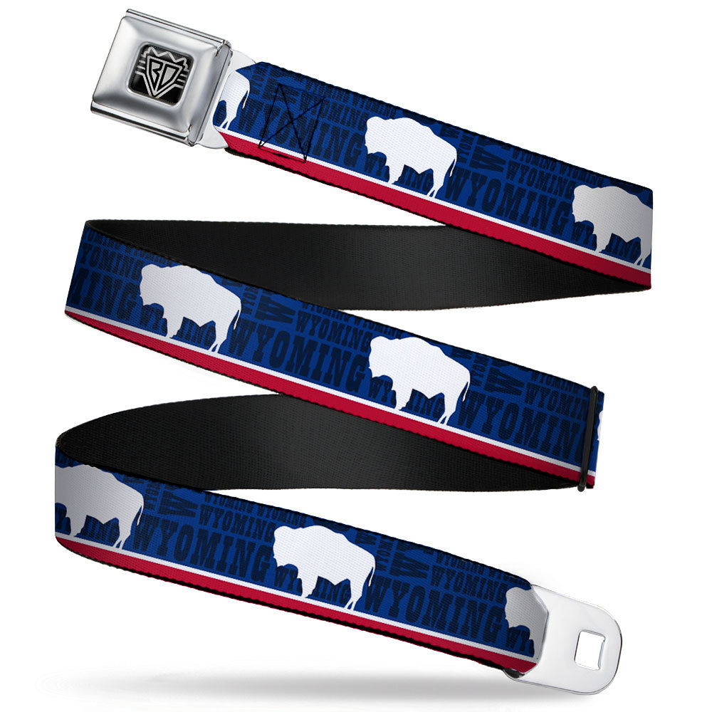 BD Wings Logo CLOSE-UP Full Color Black Silver Seatbelt Belt - Wyoming Flags/WYOMING Typography Webbing Seatbelt Belts Buckle-Down