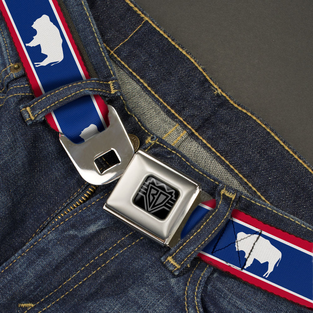 BD Wings Logo CLOSE-UP Full Color Black Silver Seatbelt Belt - Wyoming Flags Bison Silhouette Webbing Seatbelt Belts Buckle-Down