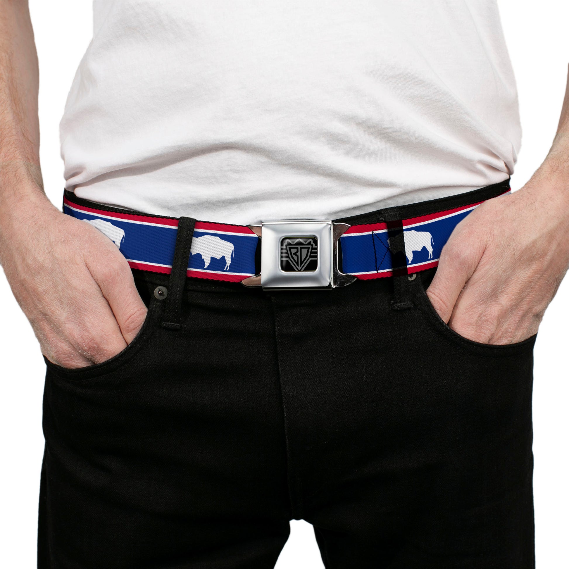 BD Wings Logo CLOSE-UP Full Color Black Silver Seatbelt Belt - Wyoming Flags Bison Silhouette Webbing Seatbelt Belts Buckle-Down
