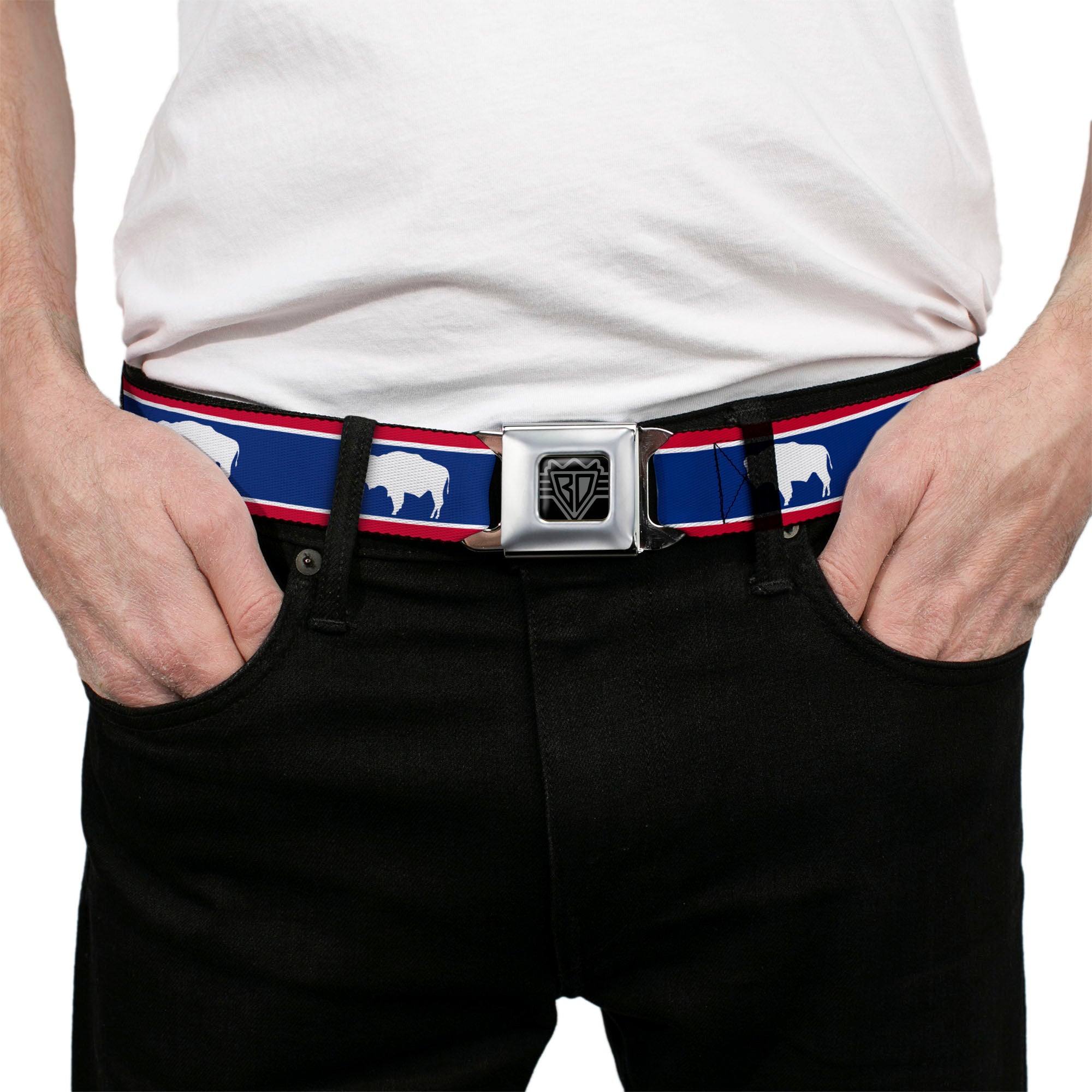 BD Wings Logo CLOSE-UP Full Color Black Silver Seatbelt Belt - Wyoming Flags Bison Silhouette Webbing Seatbelt Belts Buckle-Down