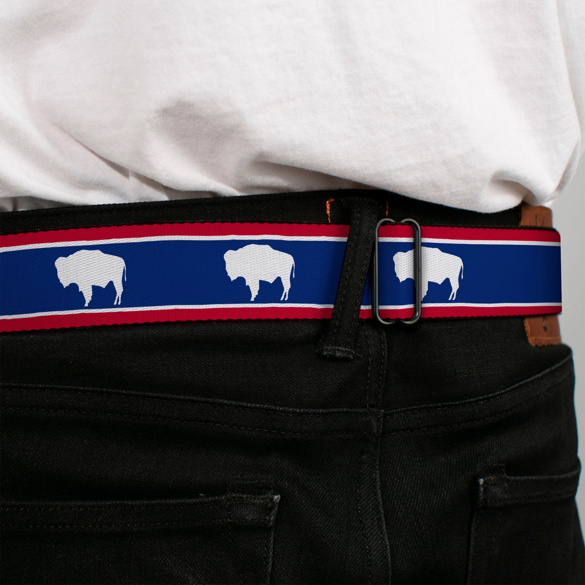 BD Wings Logo CLOSE-UP Full Color Black Silver Seatbelt Belt - Wyoming Flags Bison Silhouette Webbing Seatbelt Belts Buckle-Down