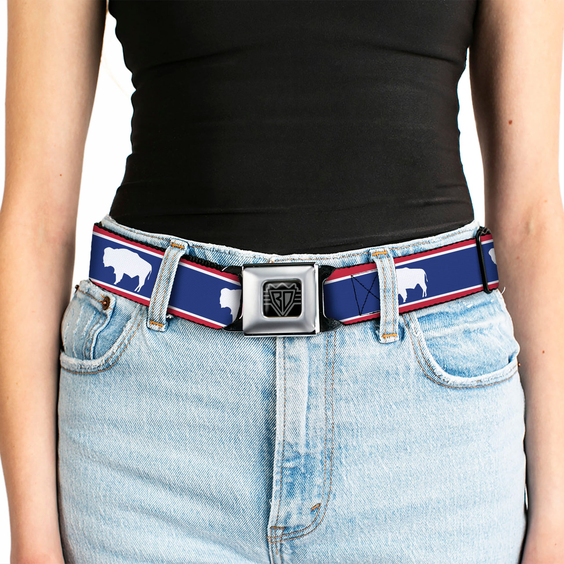 BD Wings Logo CLOSE-UP Full Color Black Silver Seatbelt Belt - Wyoming Flags Bison Silhouette Webbing Seatbelt Belts Buckle-Down