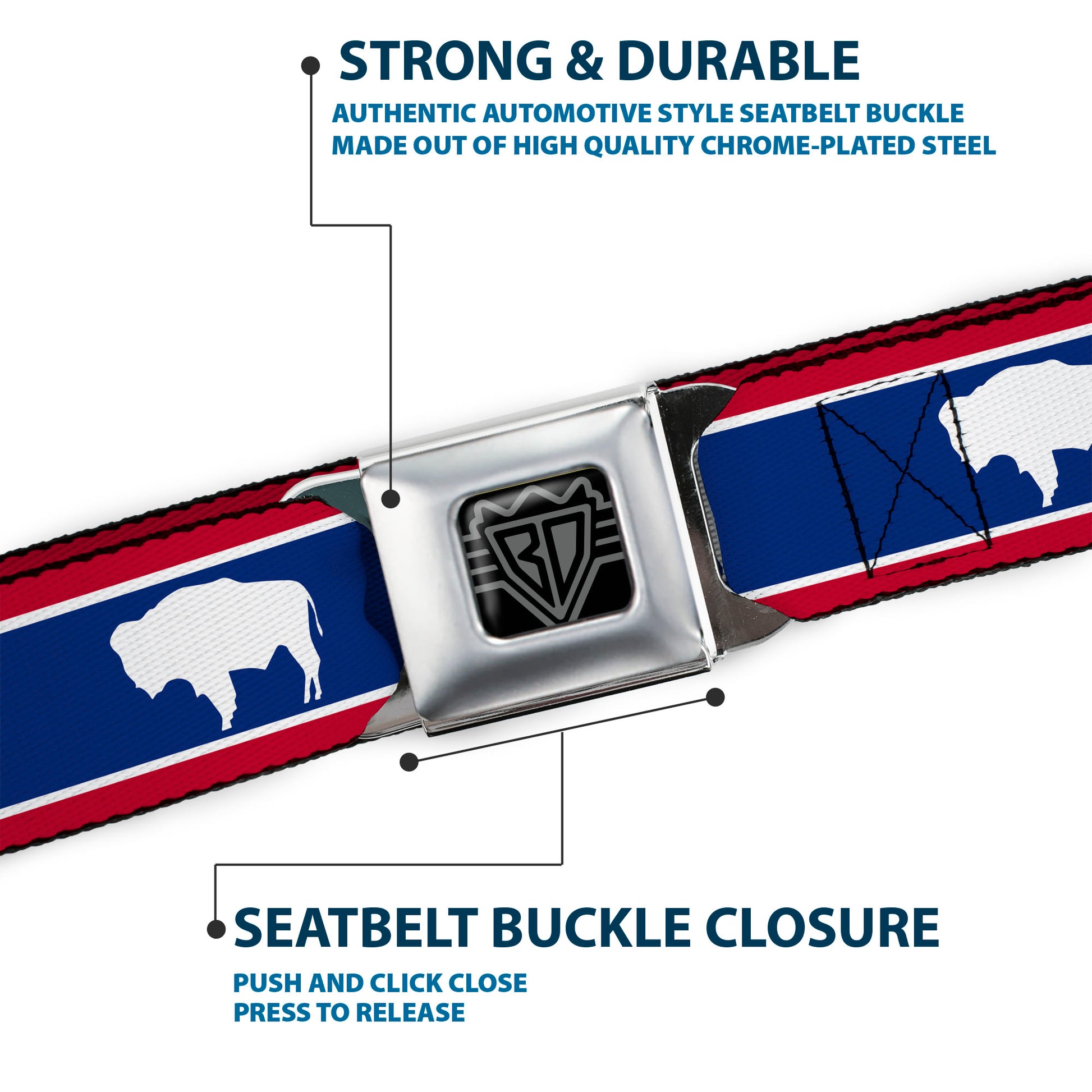 BD Wings Logo CLOSE-UP Full Color Black Silver Seatbelt Belt - Wyoming Flags Bison Silhouette Webbing Seatbelt Belts Buckle-Down