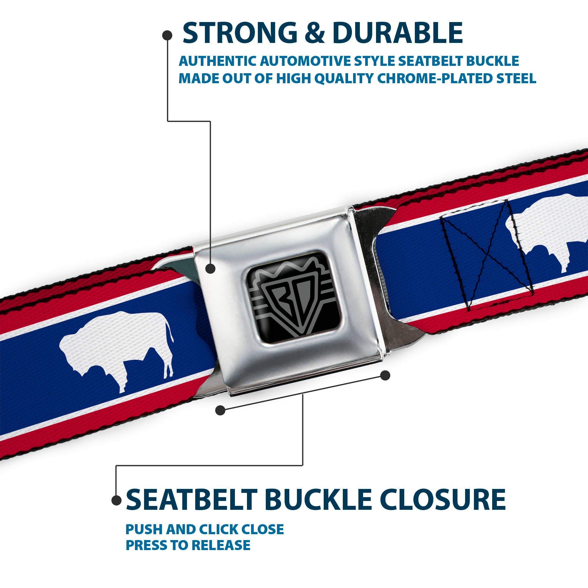 BD Wings Logo CLOSE-UP Full Color Black Silver Seatbelt Belt - Wyoming Flags Bison Silhouette Webbing Seatbelt Belts Buckle-Down