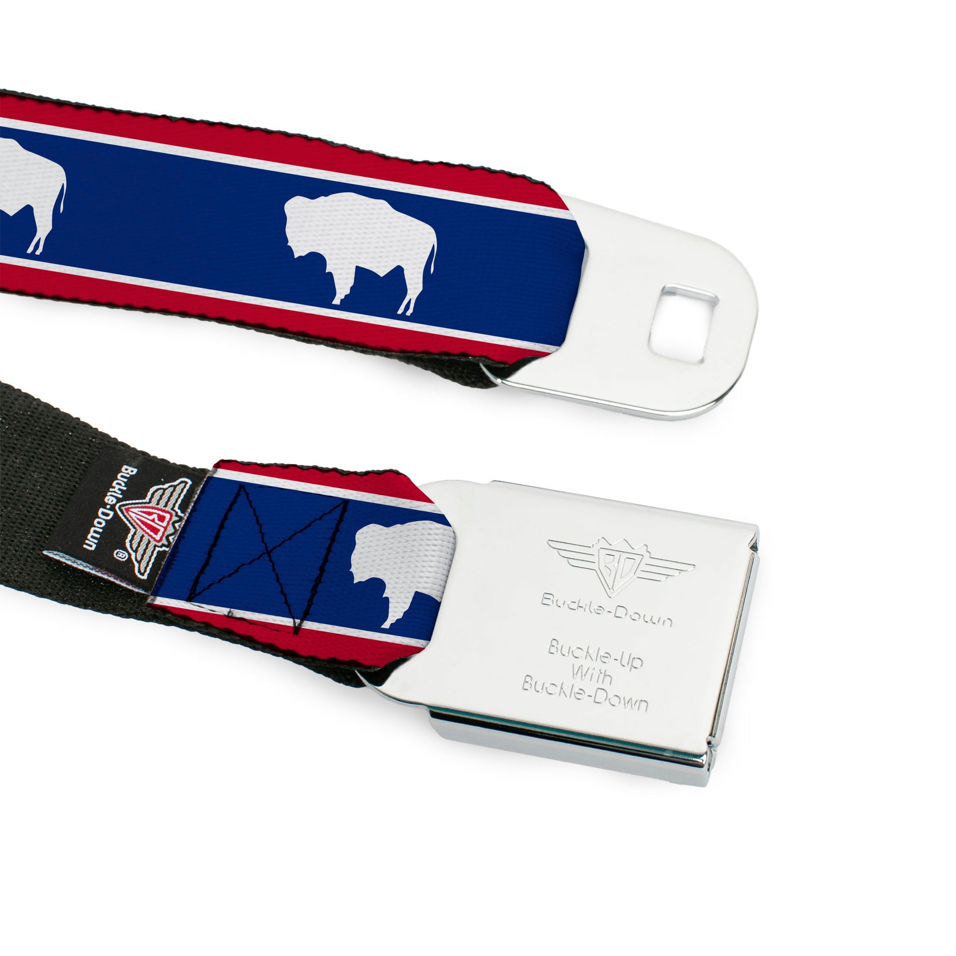 BD Wings Logo CLOSE-UP Full Color Black Silver Seatbelt Belt - Wyoming Flags Bison Silhouette Webbing Seatbelt Belts Buckle-Down