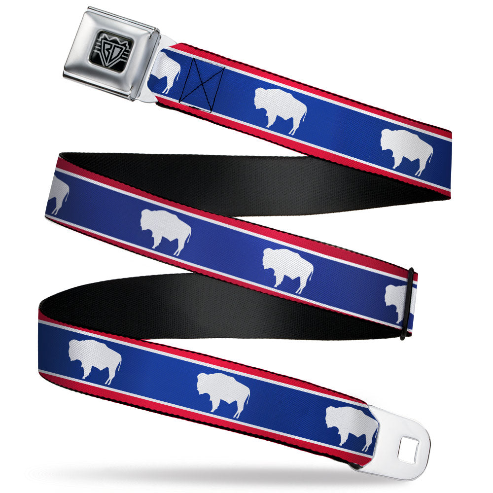BD Wings Logo CLOSE-UP Full Color Black Silver Seatbelt Belt - Wyoming Flags Bison Silhouette Webbing Seatbelt Belts Buckle-Down