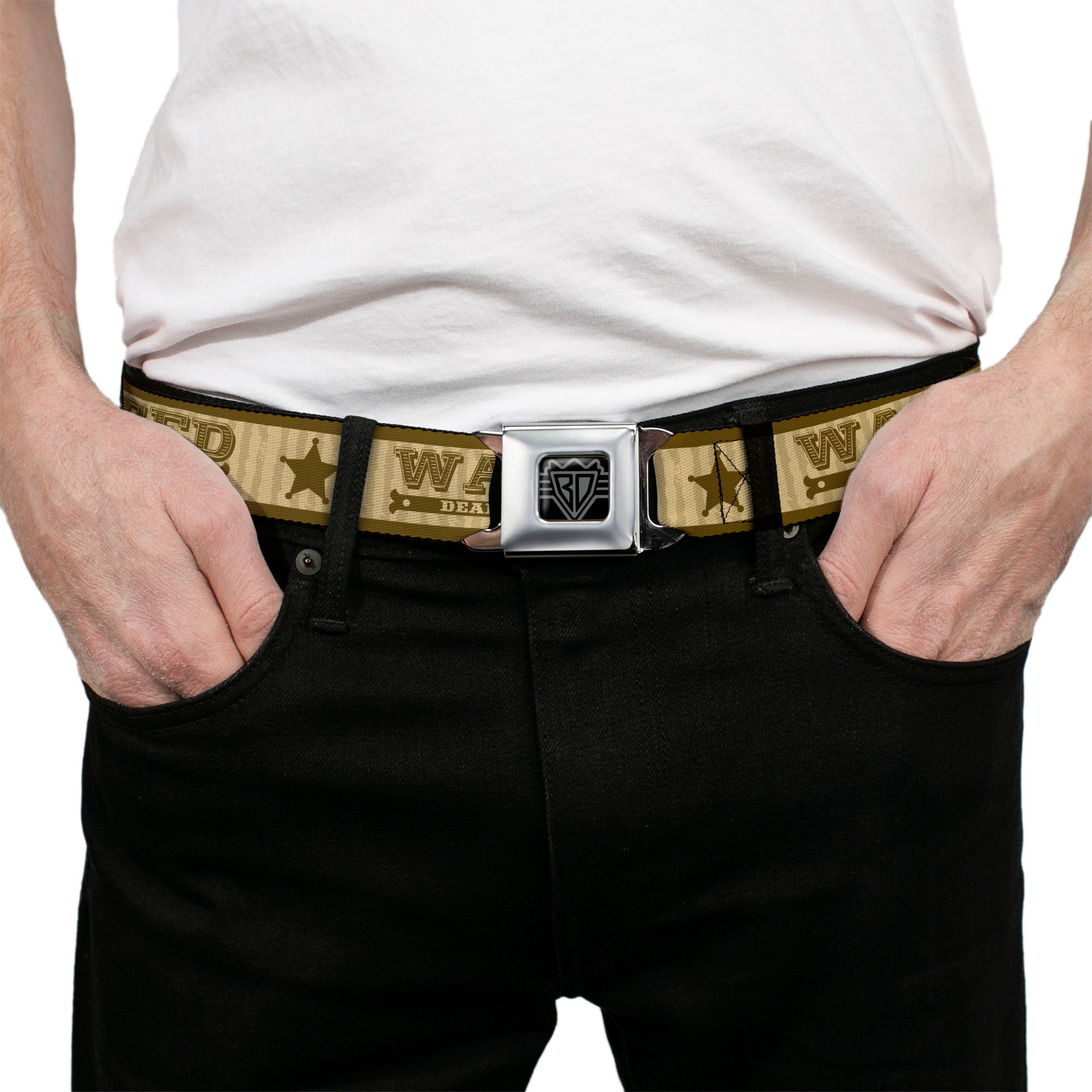 BD Wings Logo CLOSE-UP Full Color Black Silver Seatbelt Belt - WANTED-DEAD OR ALIVE/Star Tans Webbing Seatbelt Belts Buckle-Down