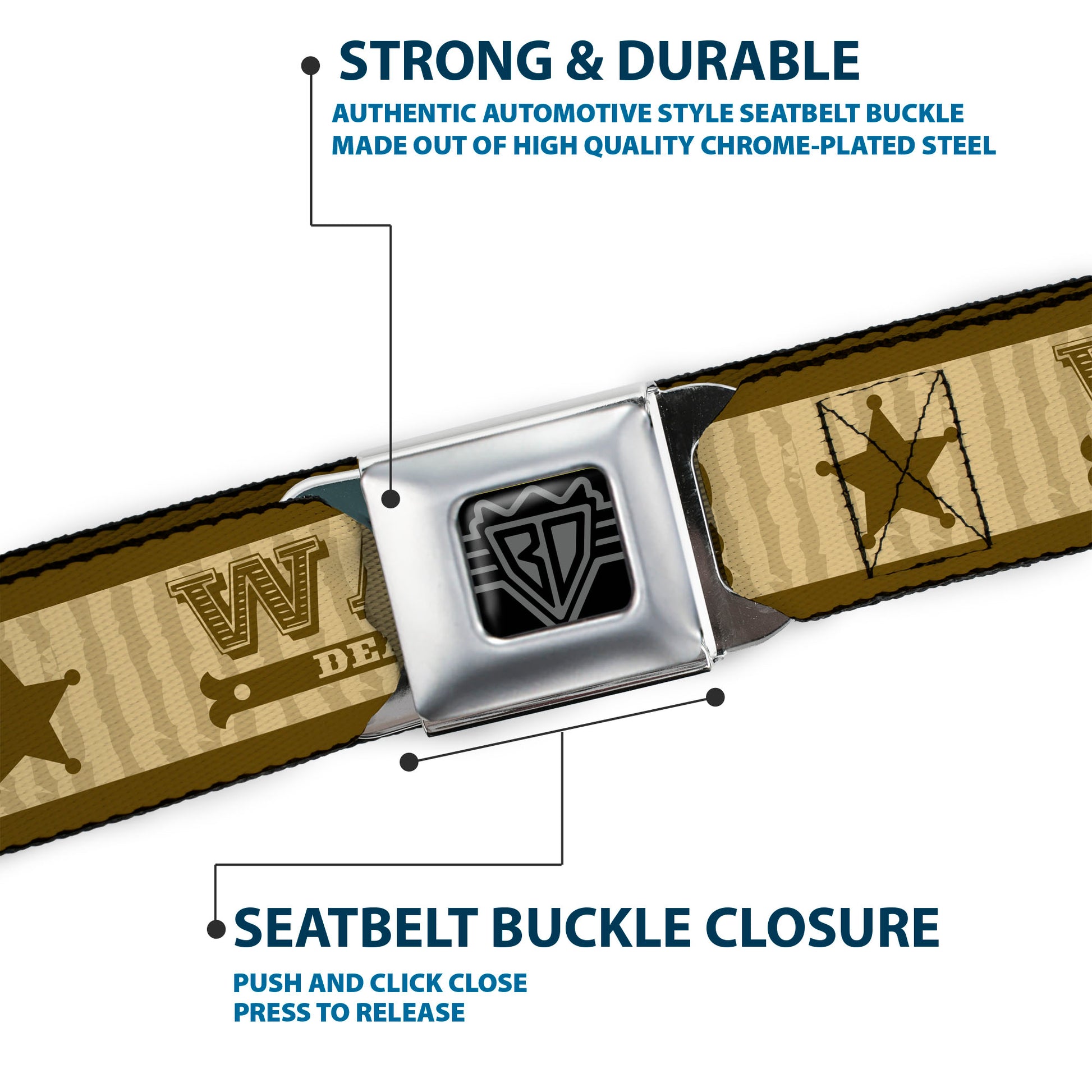 BD Wings Logo CLOSE-UP Full Color Black Silver Seatbelt Belt - WANTED-DEAD OR ALIVE/Star Tans Webbing Seatbelt Belts Buckle-Down