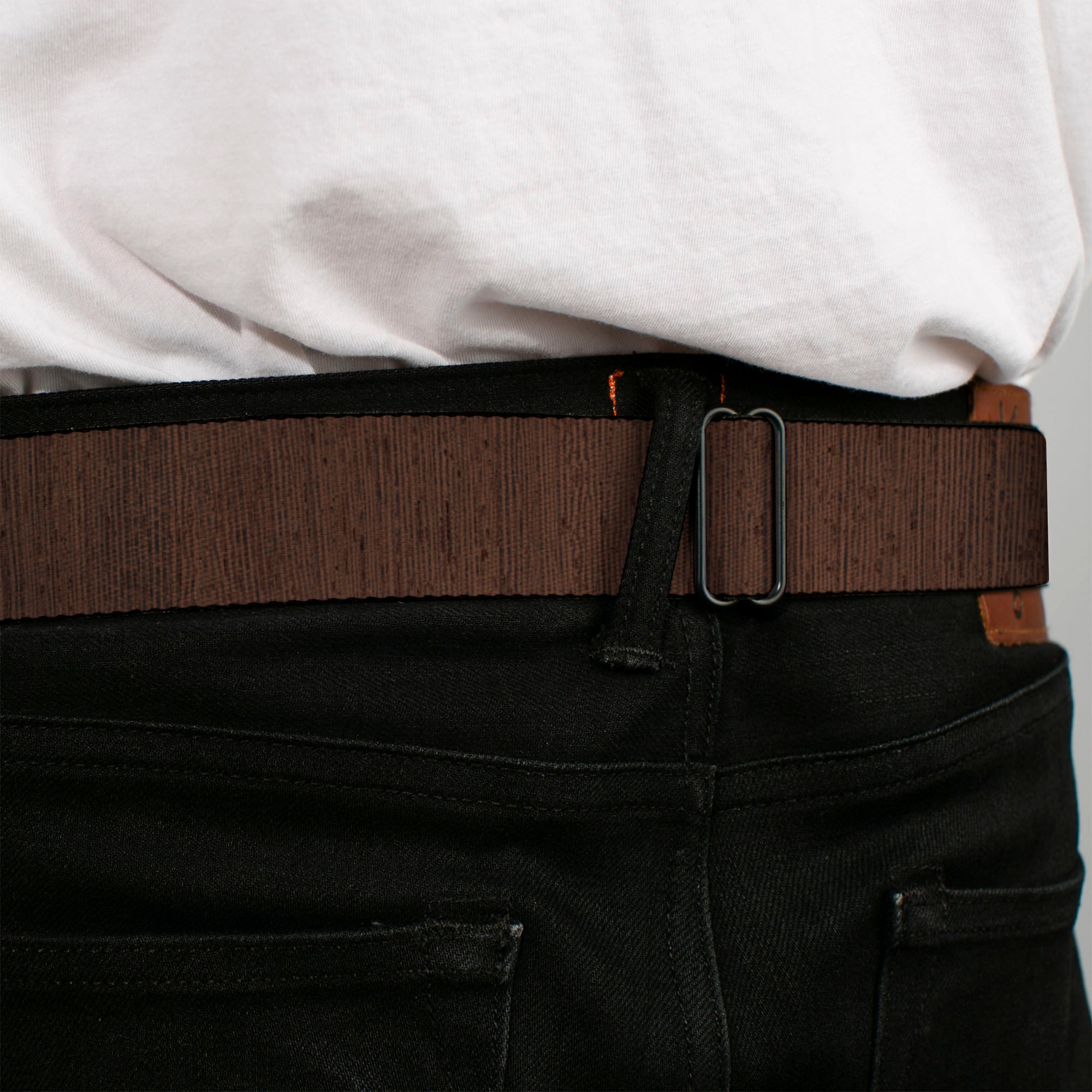 BD Wings Logo CLOSE-UP Full Color Black Silver Seatbelt Belt - Wood Grain Vertical Brown Webbing Seatbelt Belts Buckle-Down