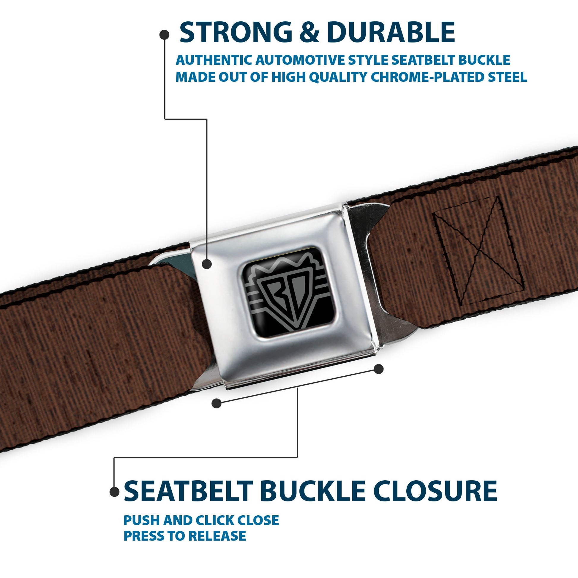 BD Wings Logo CLOSE-UP Full Color Black Silver Seatbelt Belt - Wood Grain Vertical Brown Webbing Seatbelt Belts Buckle-Down