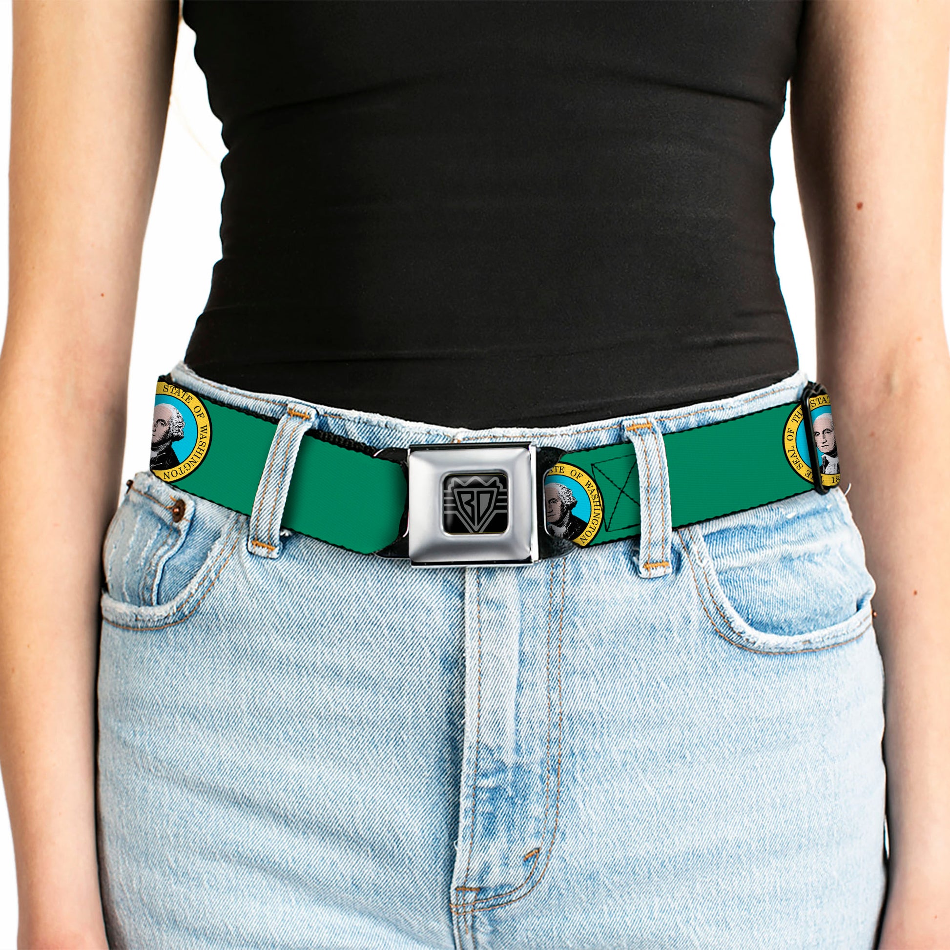 BD Wings Logo CLOSE-UP Full Color Black Silver Seatbelt Belt - Washington Flag Webbing Seatbelt Belts Buckle-Down
