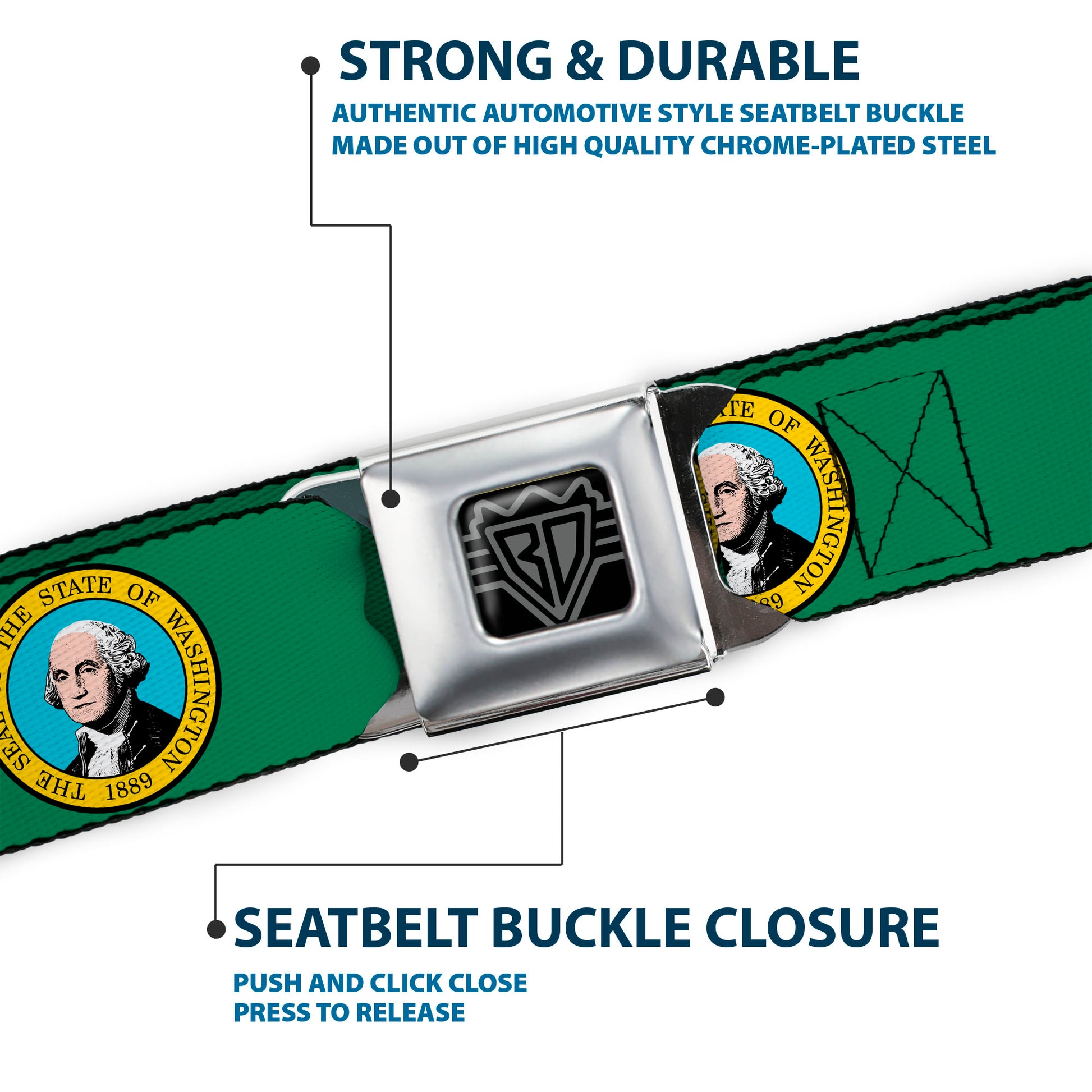 BD Wings Logo CLOSE-UP Full Color Black Silver Seatbelt Belt - Washington Flag Webbing Seatbelt Belts Buckle-Down