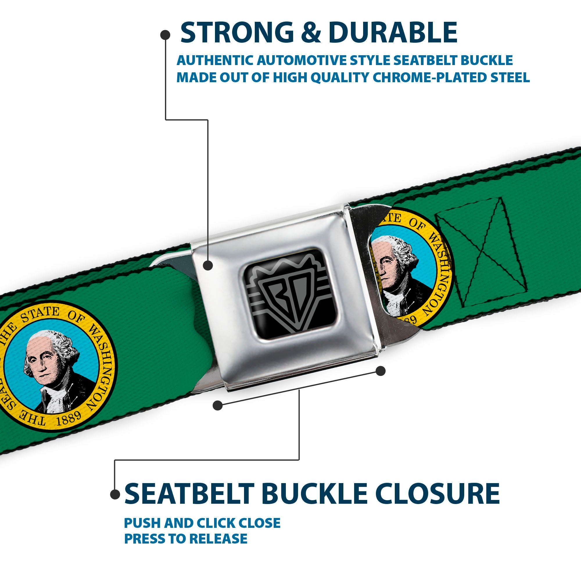 BD Wings Logo CLOSE-UP Full Color Black Silver Seatbelt Belt - Washington Flag Webbing Seatbelt Belts Buckle-Down