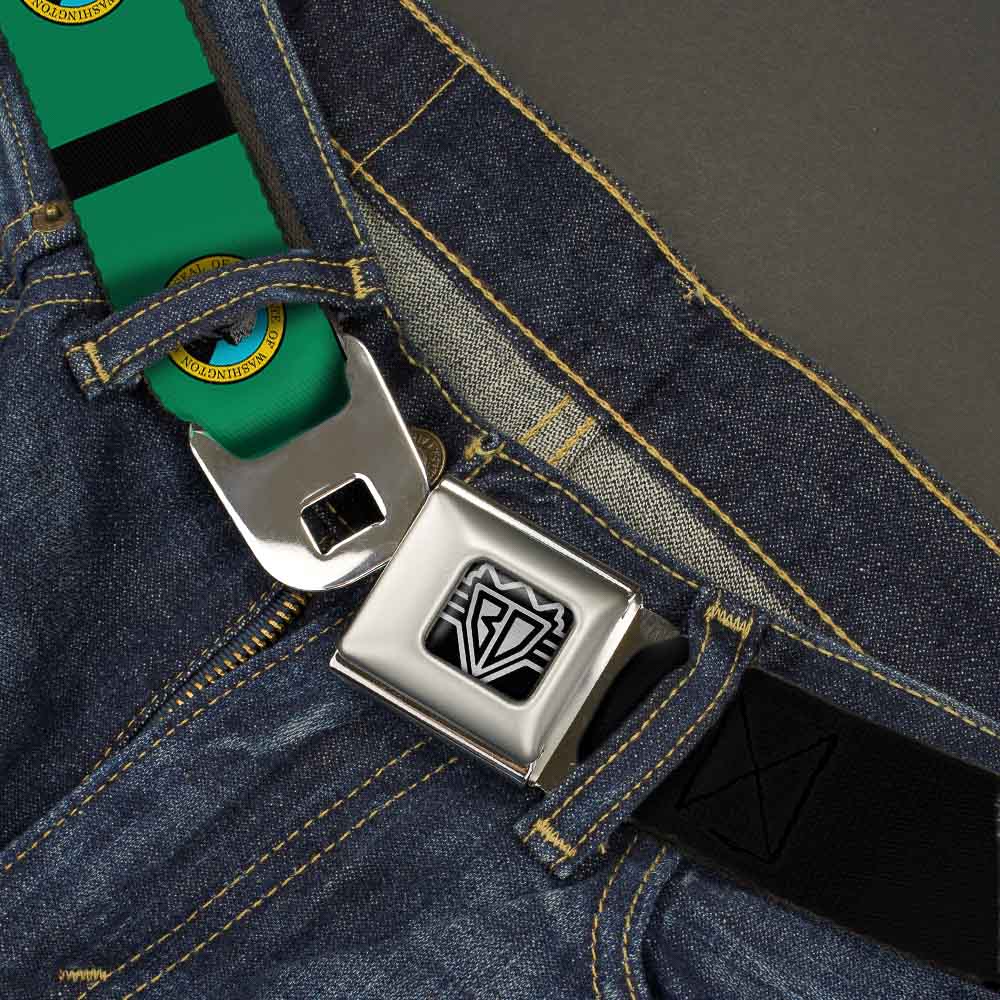 BD Wings Logo CLOSE-UP Full Color Black Silver Seatbelt Belt - Washington Flags/Black Webbing Seatbelt Belts Buckle-Down