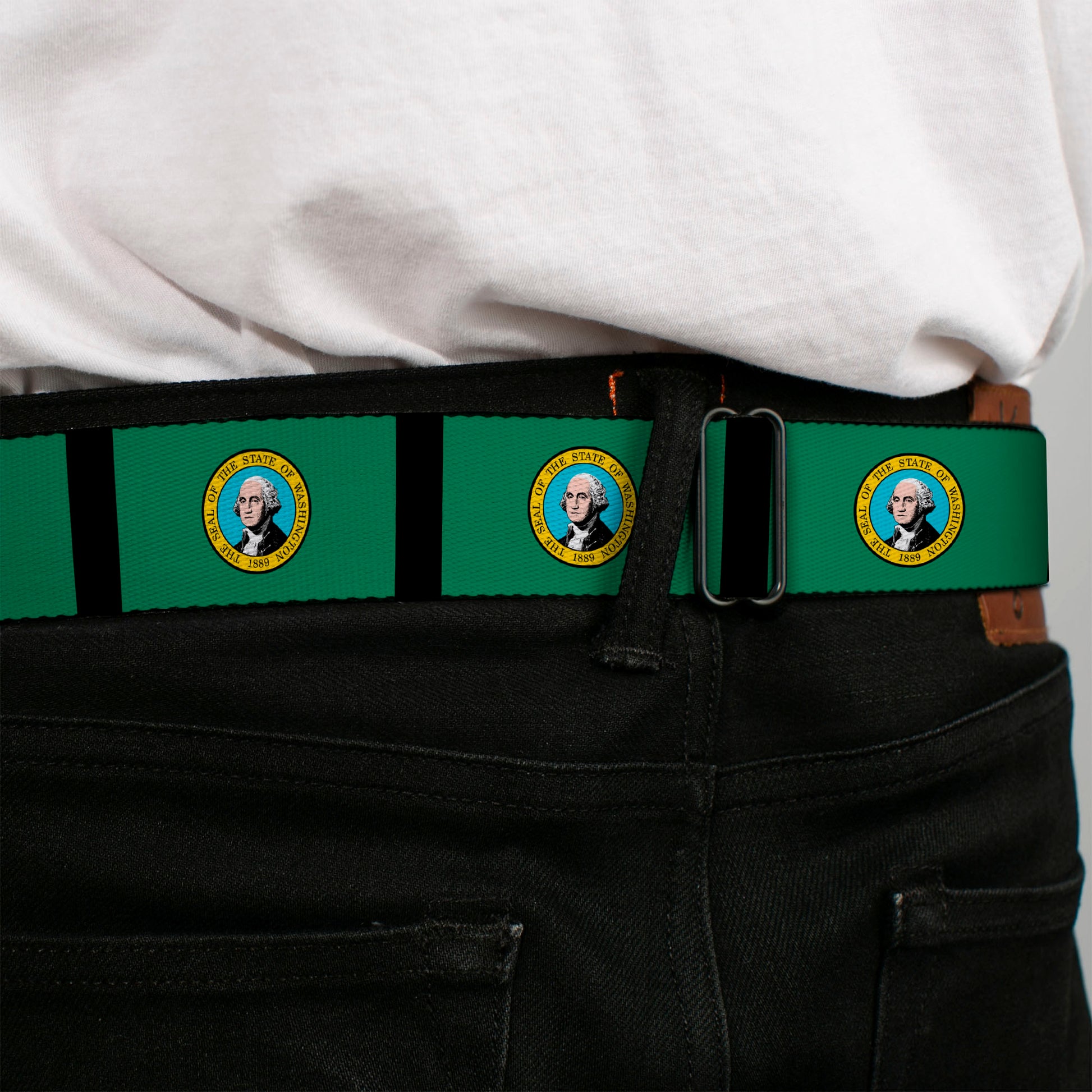 BD Wings Logo CLOSE-UP Full Color Black Silver Seatbelt Belt - Washington Flags/Black Webbing Seatbelt Belts Buckle-Down