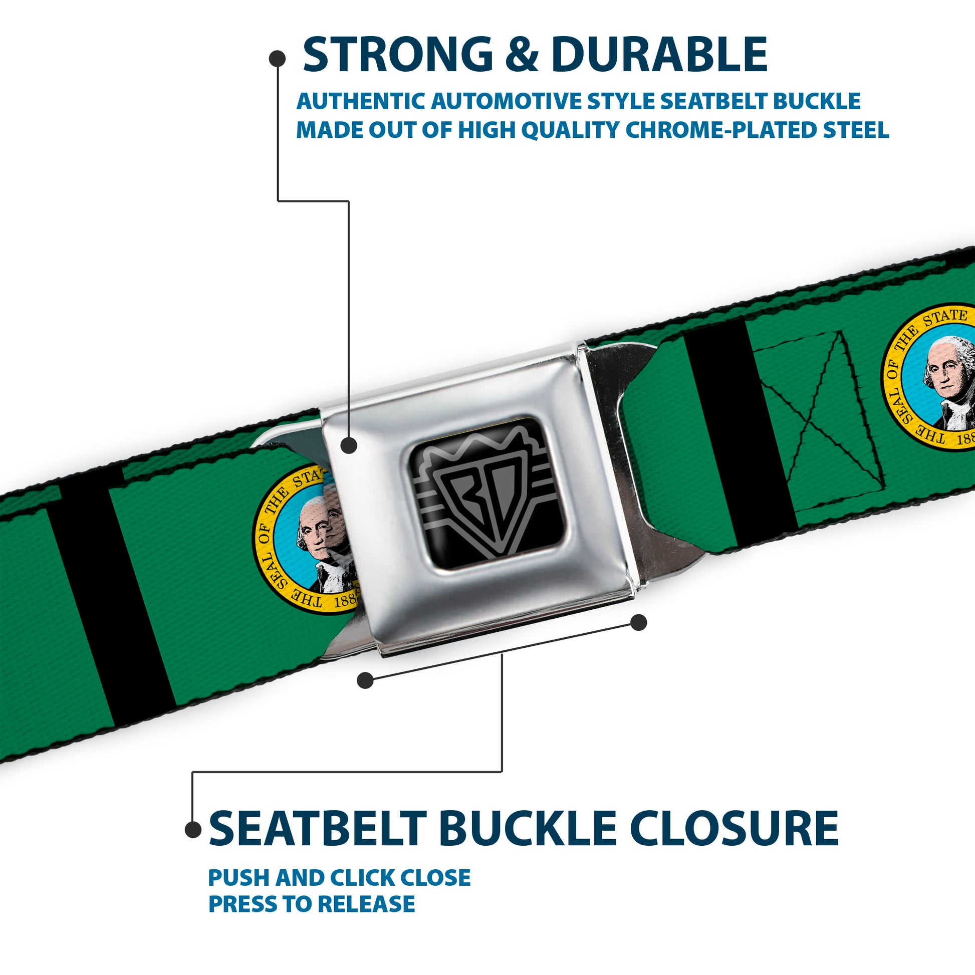 BD Wings Logo CLOSE-UP Full Color Black Silver Seatbelt Belt - Washington Flags/Black Webbing Seatbelt Belts Buckle-Down