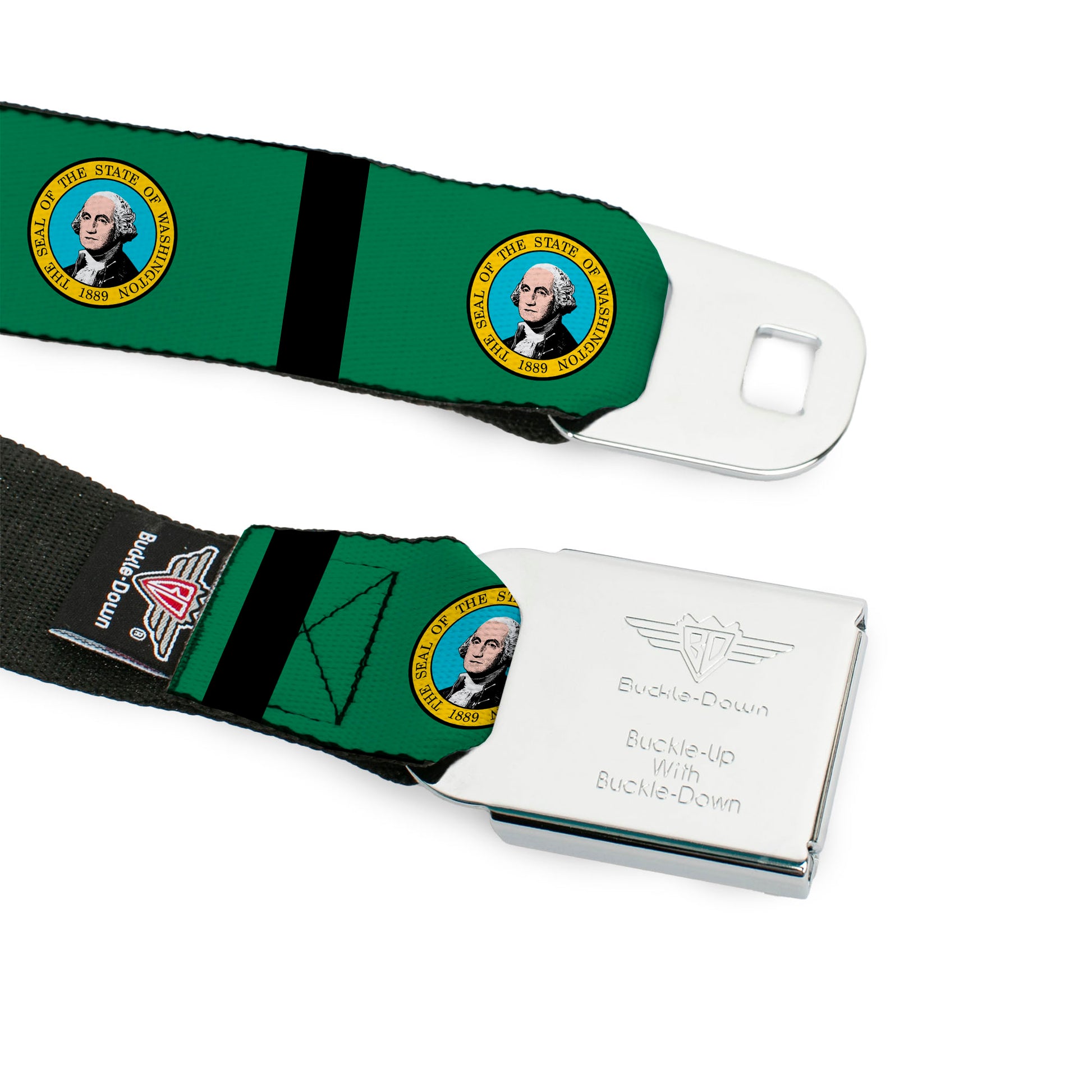 BD Wings Logo CLOSE-UP Full Color Black Silver Seatbelt Belt - Washington Flags/Black Webbing Seatbelt Belts Buckle-Down