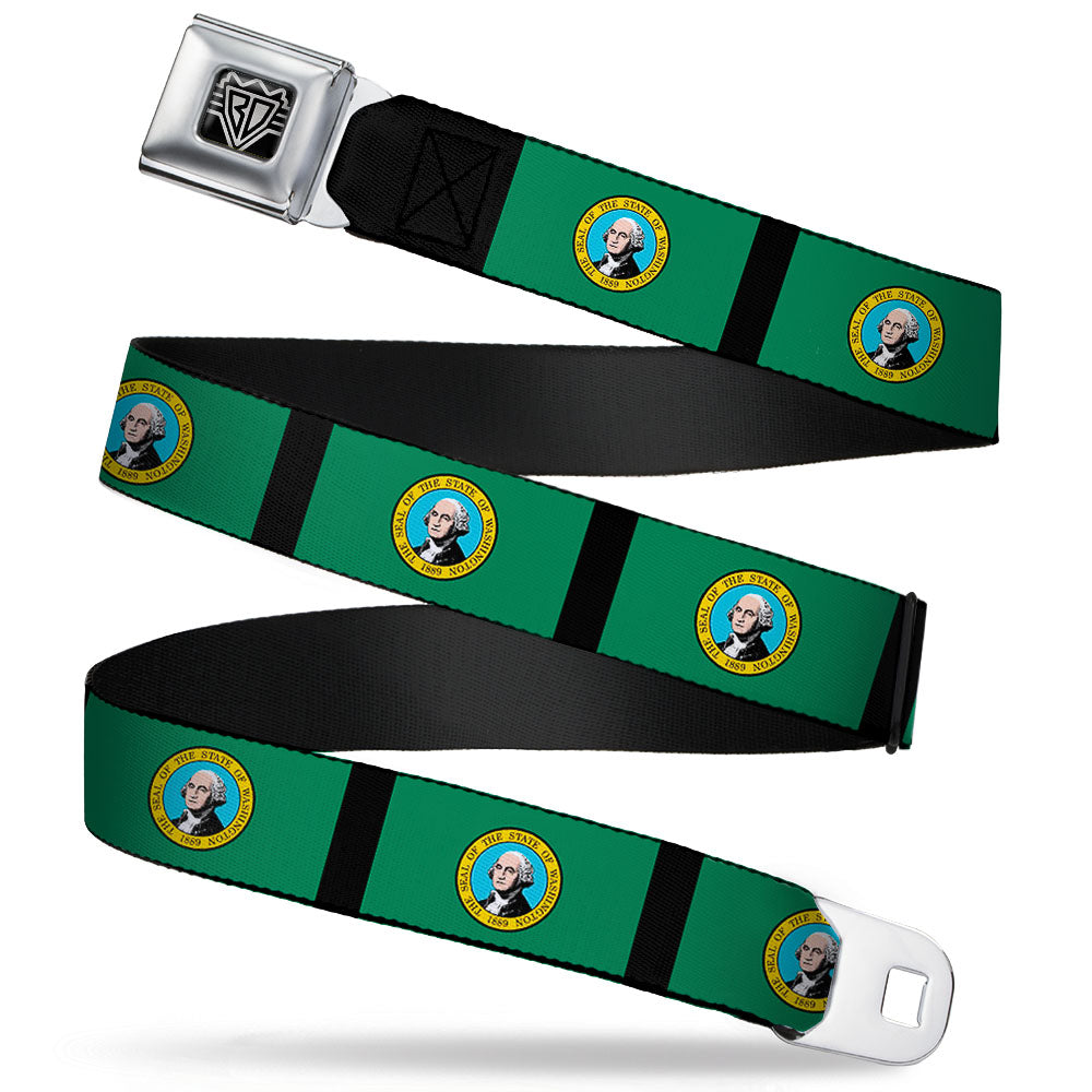BD Wings Logo CLOSE-UP Full Color Black Silver Seatbelt Belt - Washington Flags/Black Webbing Seatbelt Belts Buckle-Down