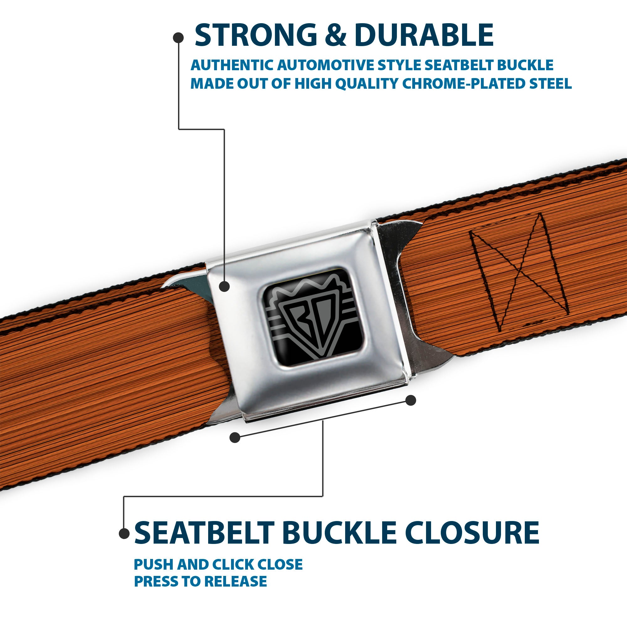 BD Wings Logo CLOSE-UP Full Color Black Silver Seatbelt Belt - Wood Grain2 Horizontal Reddish Brown Webbing Seatbelt Belts Buckle-Down