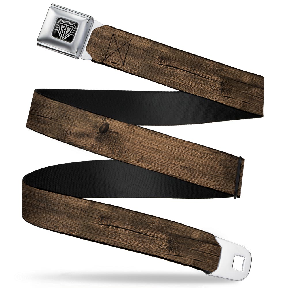 BD Wings Logo CLOSE-UP Full Color Black Silver Seatbelt Belt - Wood Grain3 Horizontal Brown Webbing Seatbelt Belts Buckle-Down