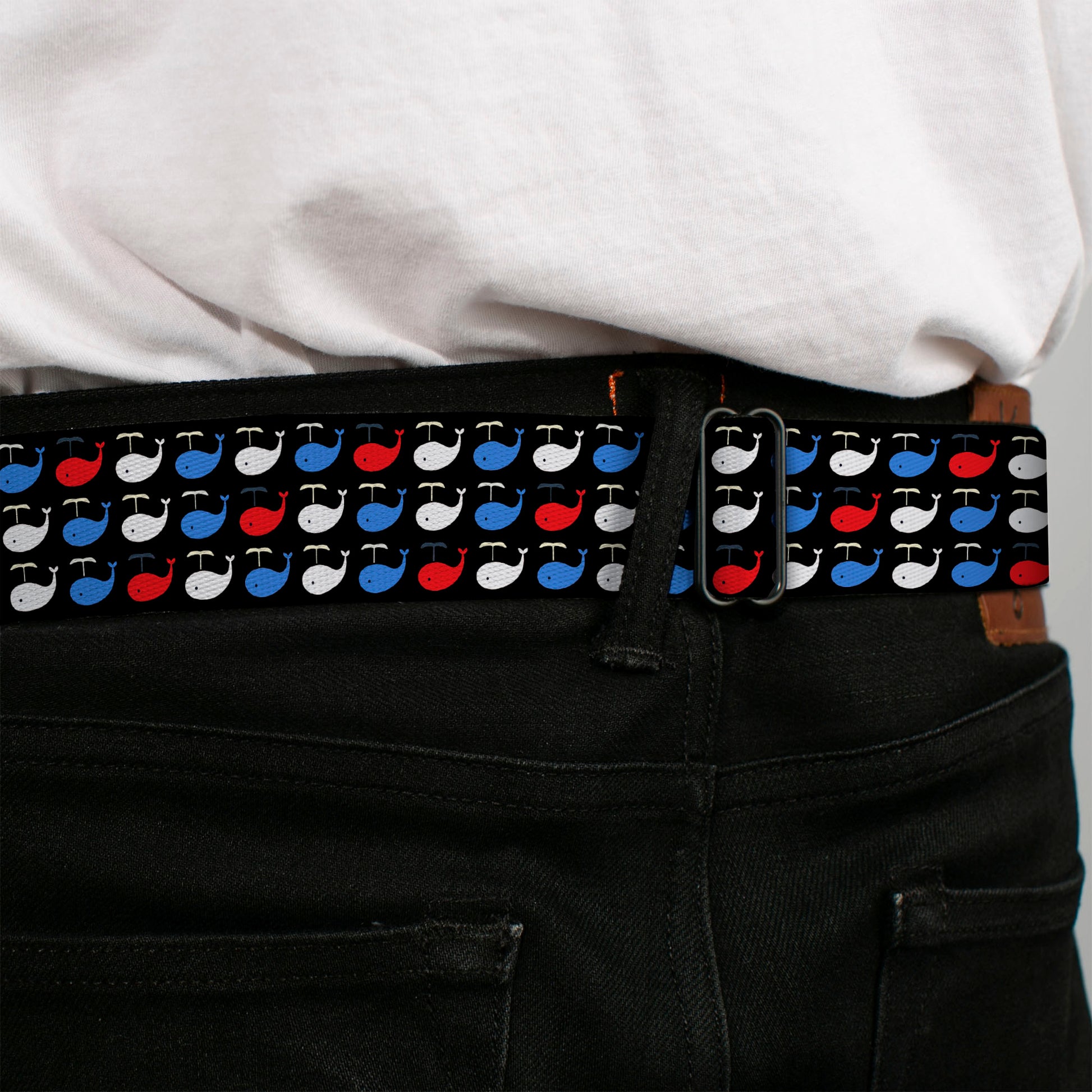 BD Wings Logo CLOSE-UP Full Color Black Silver Seatbelt Belt - Whales Navy/Red/White/Blue Webbing Seatbelt Belts Buckle-Down