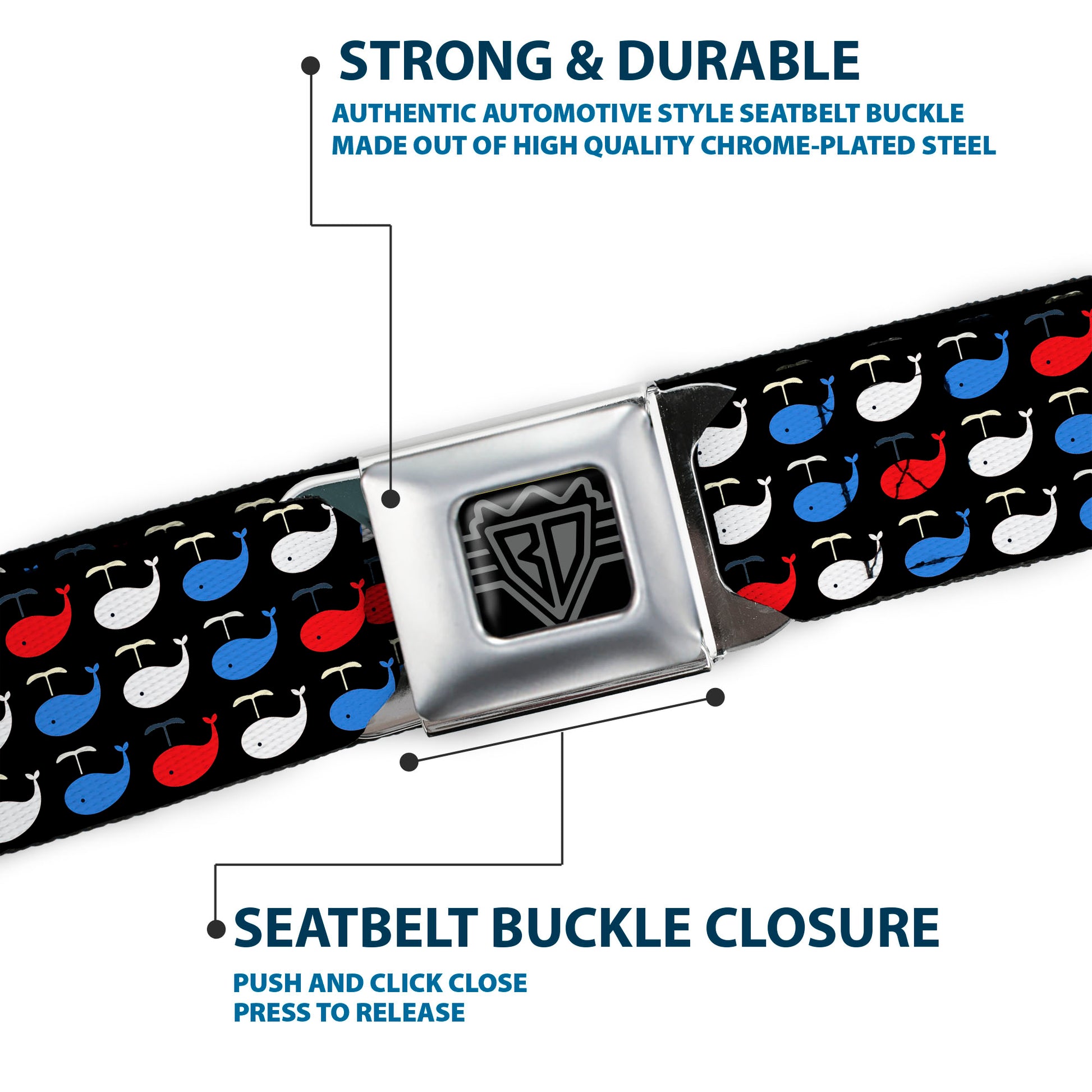 BD Wings Logo CLOSE-UP Full Color Black Silver Seatbelt Belt - Whales Navy/Red/White/Blue Webbing Seatbelt Belts Buckle-Down