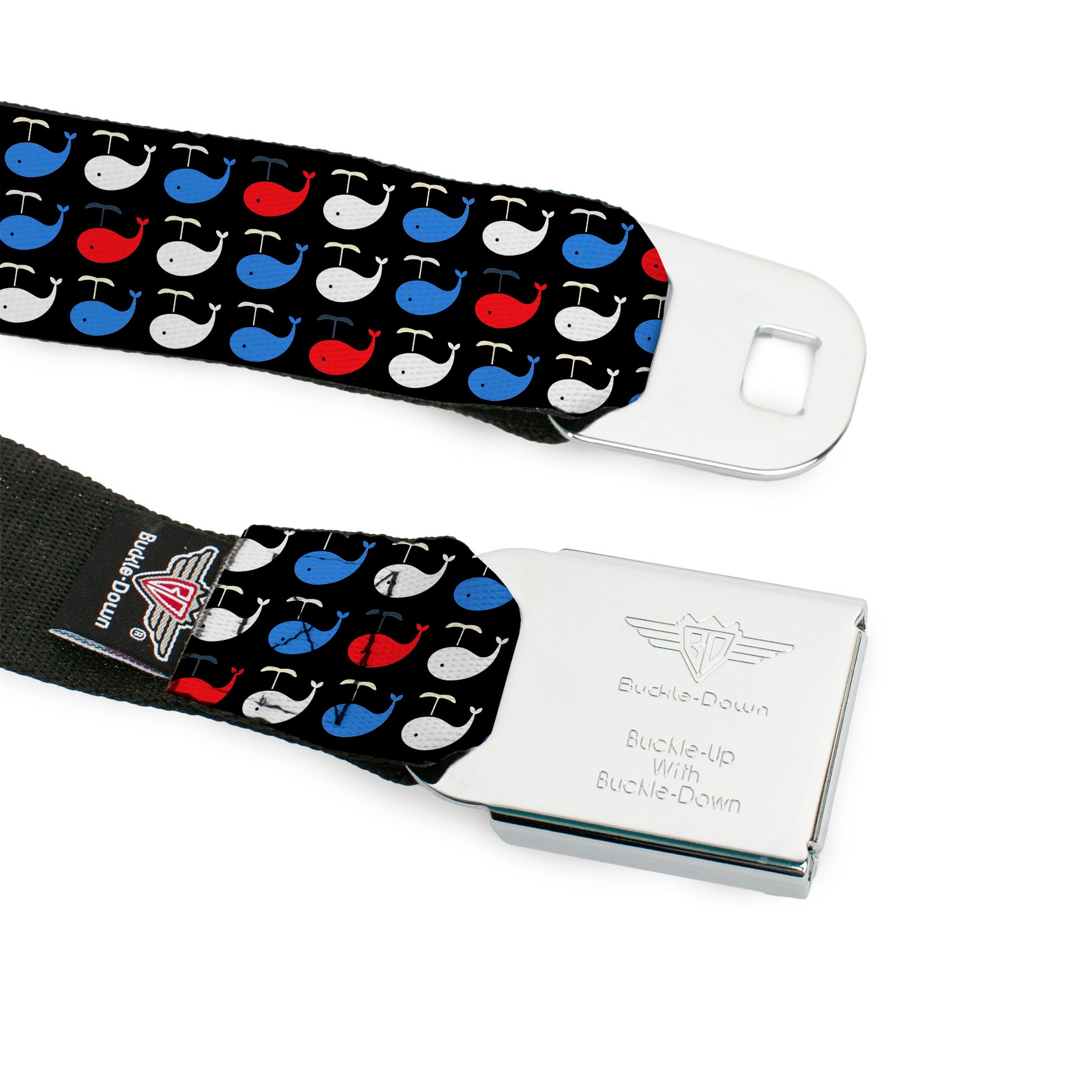 BD Wings Logo CLOSE-UP Full Color Black Silver Seatbelt Belt - Whales Navy/Red/White/Blue Webbing Seatbelt Belts Buckle-Down