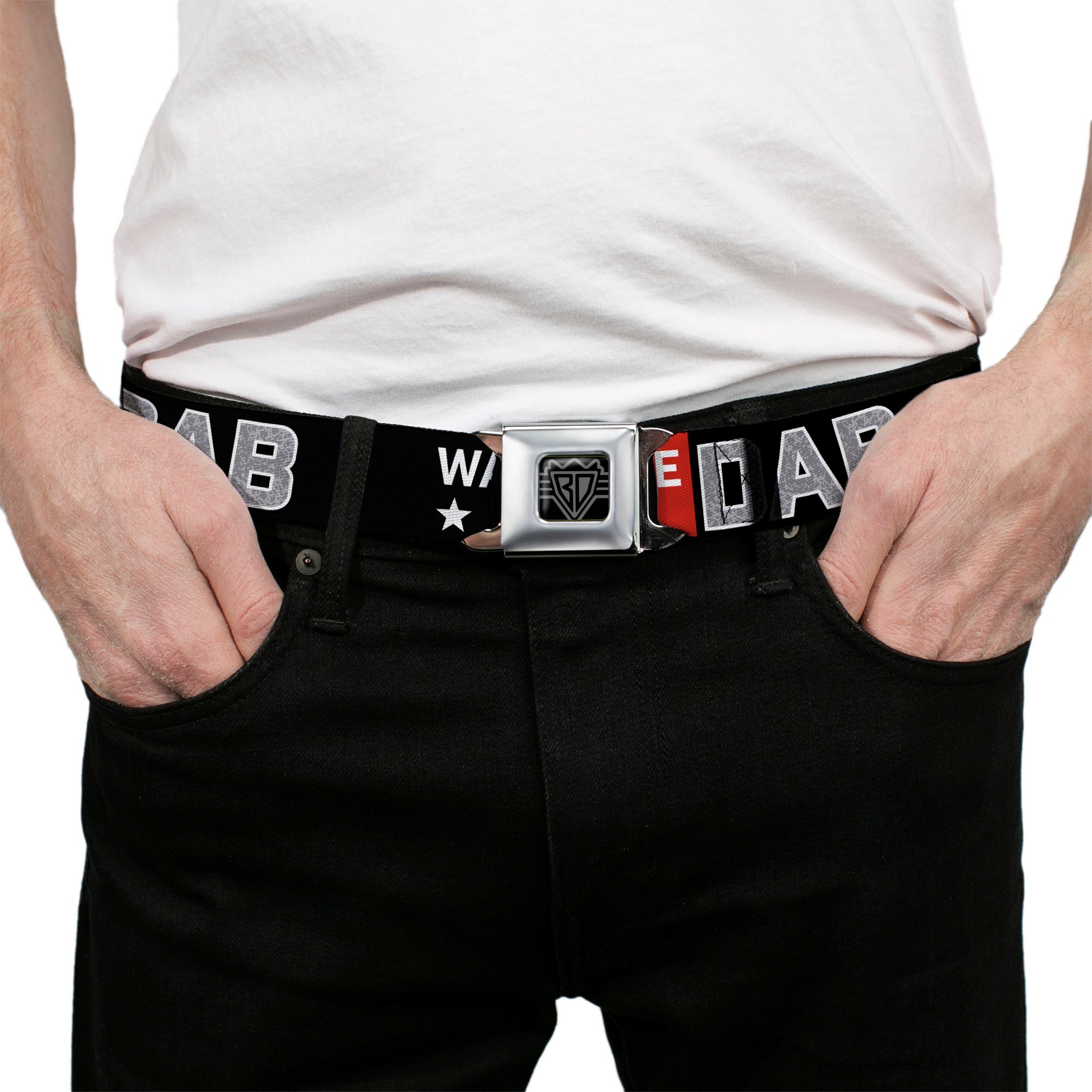 BD Wings Logo CLOSE-UP Full Color Black Silver Seatbelt Belt - WATCH ME DAB/Stars Black/Red/White/Crackle Gray Webbing Seatbelt Belts Buckle-Down