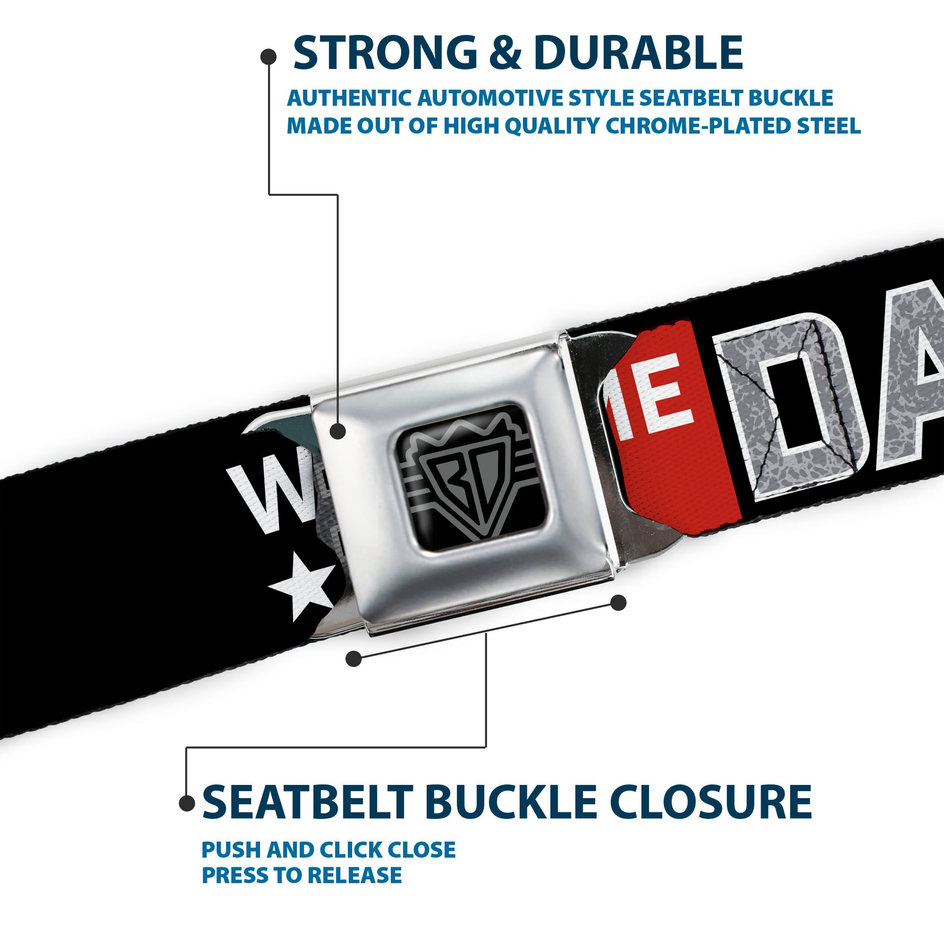 BD Wings Logo CLOSE-UP Full Color Black Silver Seatbelt Belt - WATCH ME DAB/Stars Black/Red/White/Crackle Gray Webbing Seatbelt Belts Buckle-Down