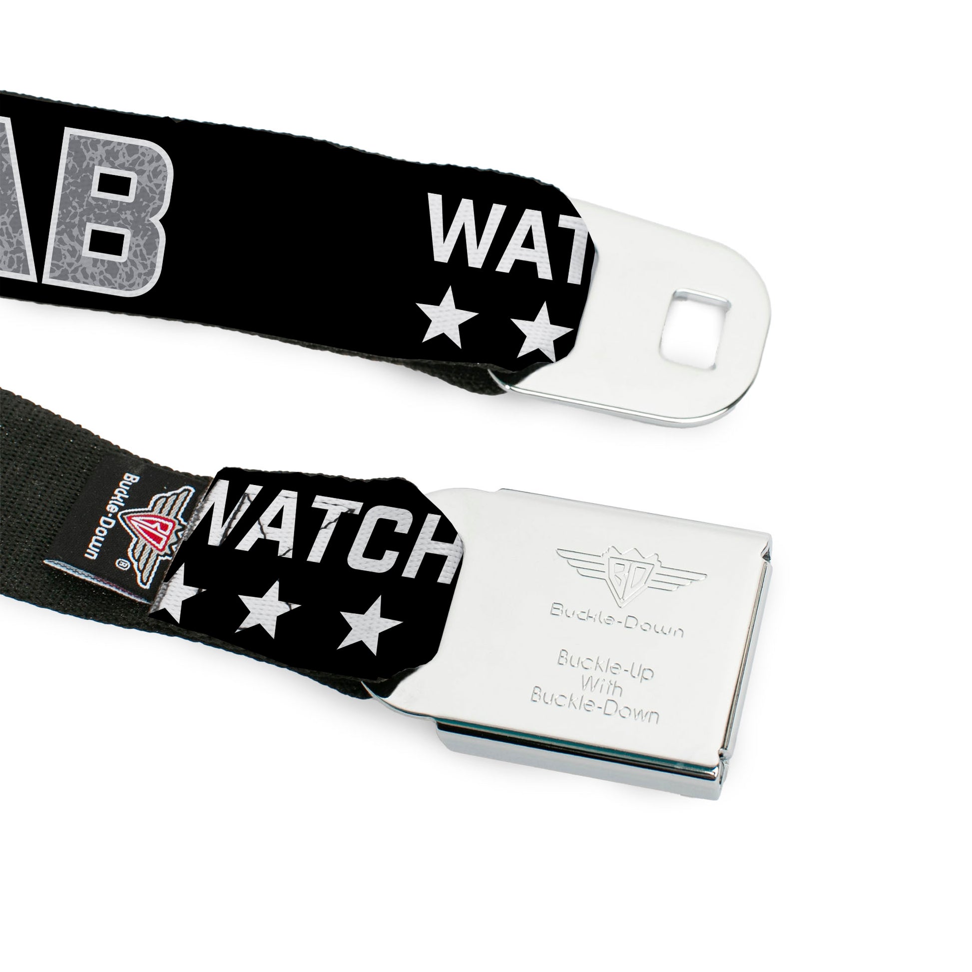 BD Wings Logo CLOSE-UP Full Color Black Silver Seatbelt Belt - WATCH ME DAB/Stars Black/Red/White/Crackle Gray Webbing Seatbelt Belts Buckle-Down