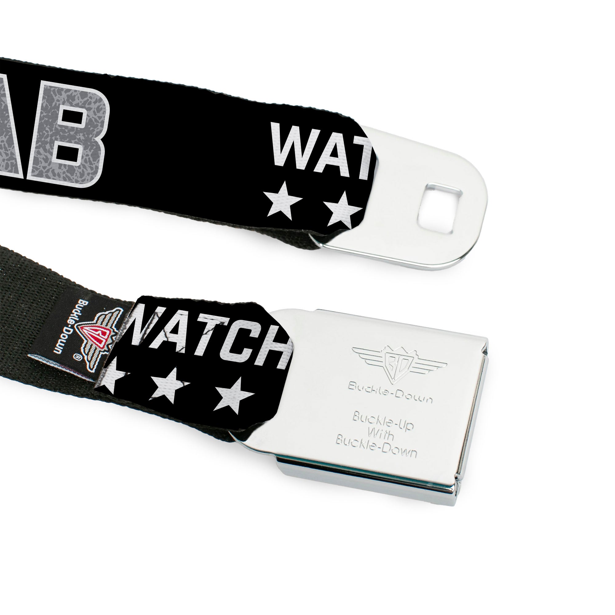 BD Wings Logo CLOSE-UP Full Color Black Silver Seatbelt Belt - WATCH ME DAB/Stars Black/Red/White/Crackle Gray Webbing Seatbelt Belts Buckle-Down
