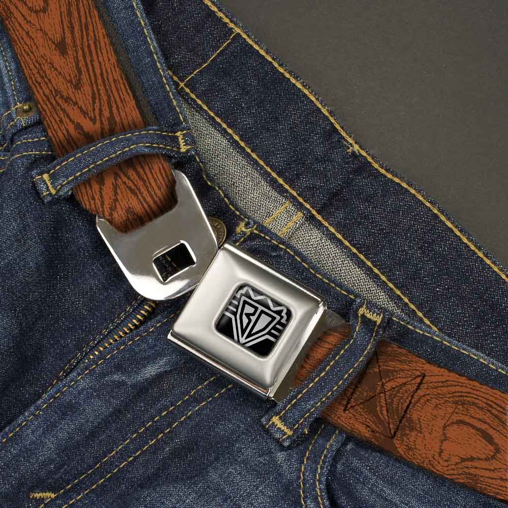 BD Wings Logo CLOSE-UP Full Color Black Silver Seatbelt Belt - Wood Grain Cherry Wood Webbing Seatbelt Belts Buckle-Down