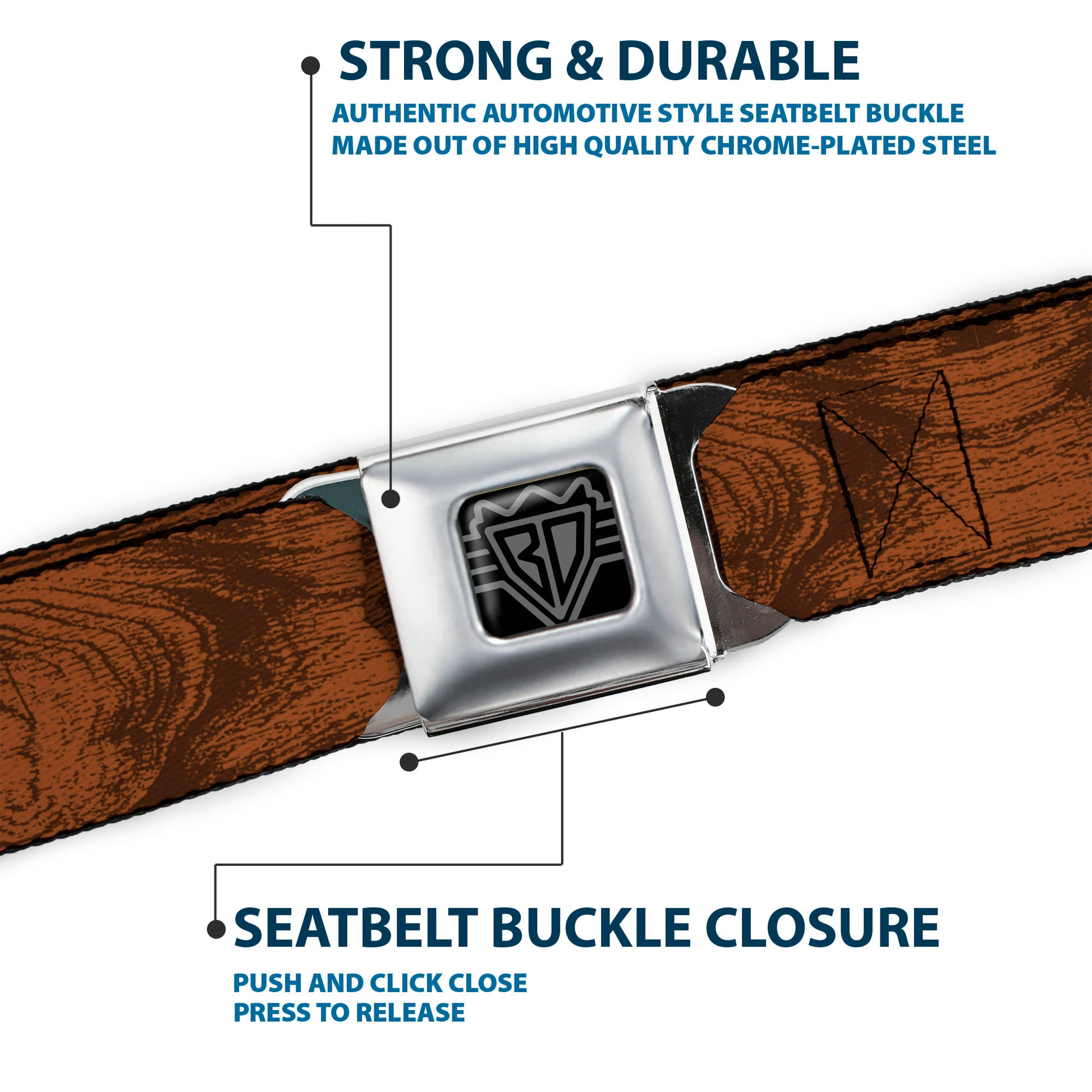 BD Wings Logo CLOSE-UP Full Color Black Silver Seatbelt Belt - Wood Grain Cherry Wood Webbing Seatbelt Belts Buckle-Down