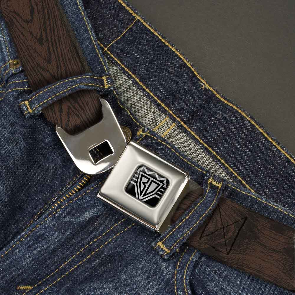 BD Wings Logo CLOSE-UP Full Color Black Silver Seatbelt Belt - Wood Grain Walnut Webbing Seatbelt Belts Buckle-Down