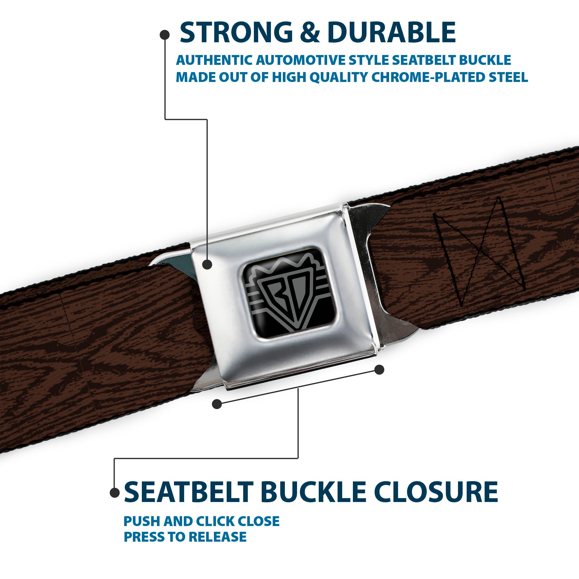 BD Wings Logo CLOSE-UP Full Color Black Silver Seatbelt Belt - Wood Grain Walnut Webbing Seatbelt Belts Buckle-Down