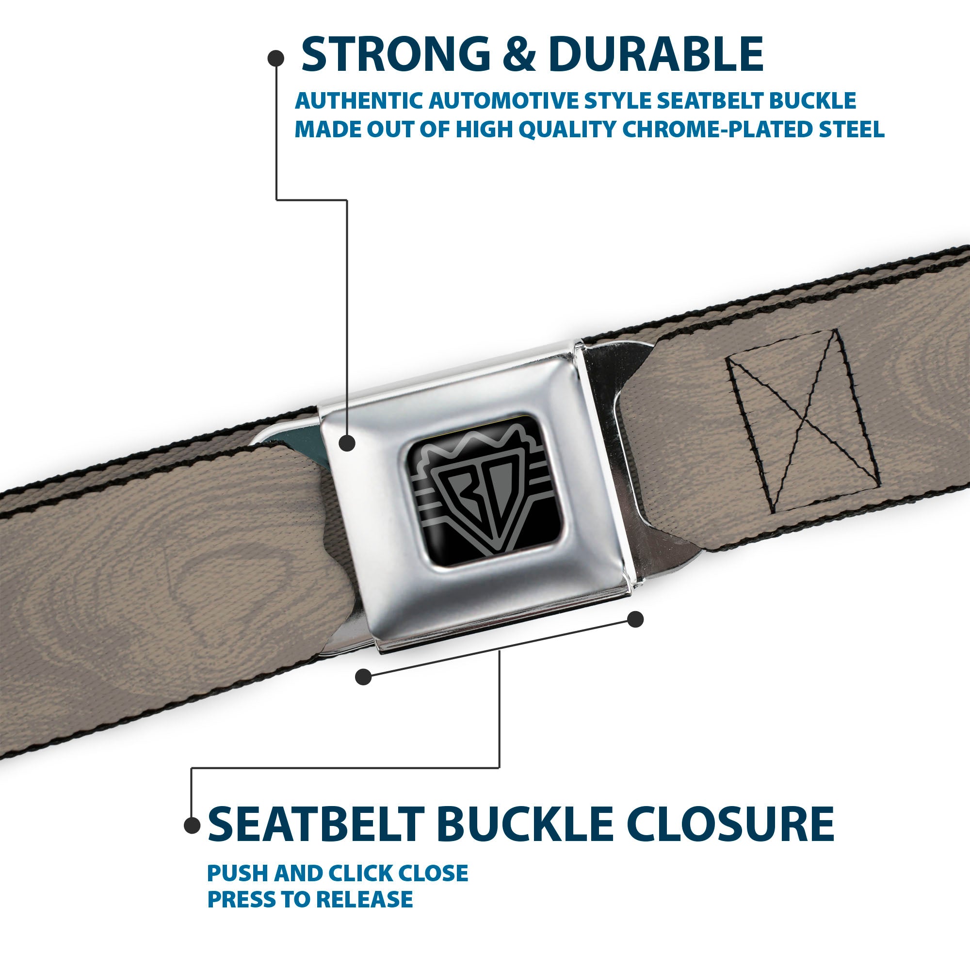 BD Wings Logo CLOSE-UP Full Color Black Silver Seatbelt Belt - Wood Grain White Oak Webbing Seatbelt Belts Buckle-Down