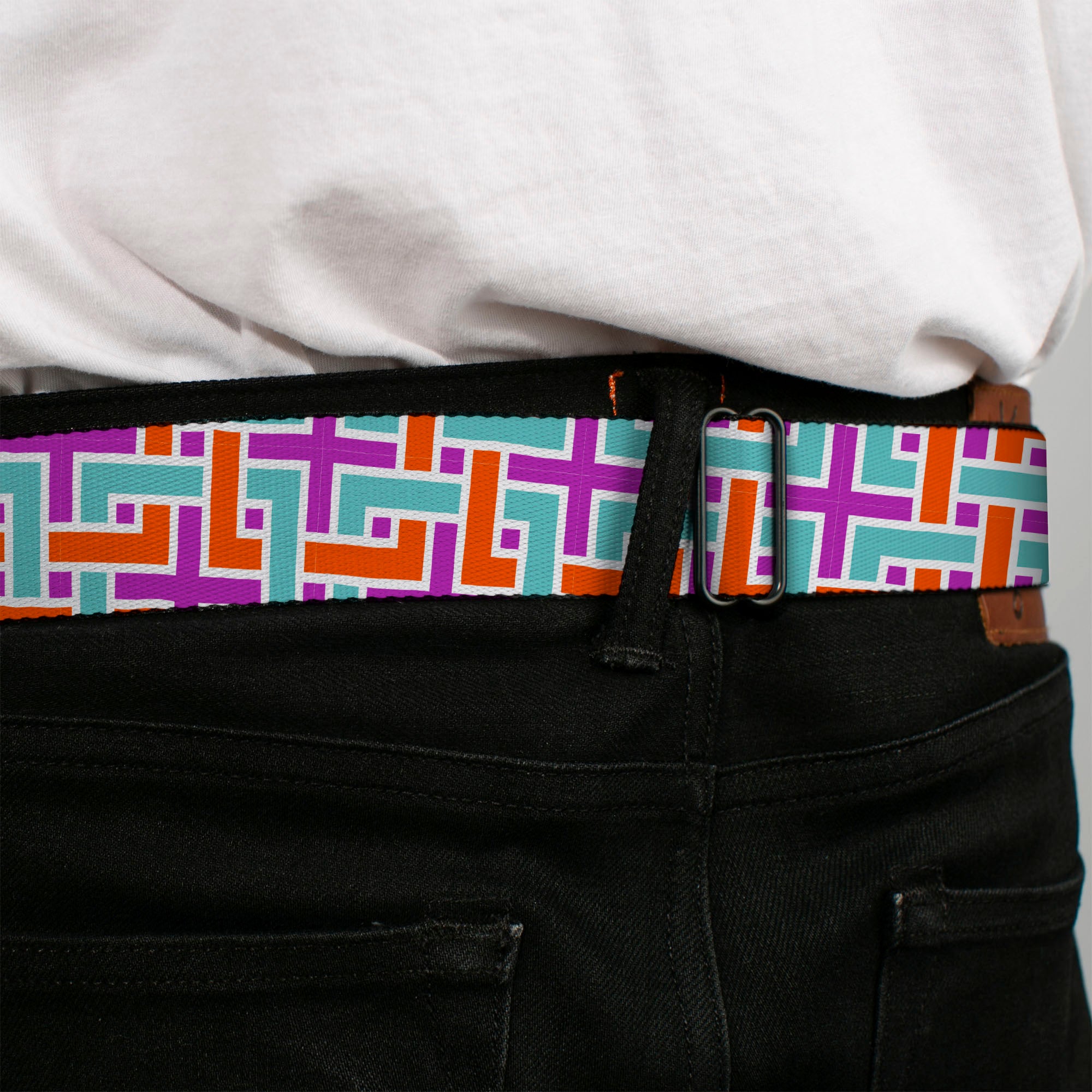 BD Wings Logo CLOSE-UP Full Color Black Silver Seatbelt Belt - Weave CLOSE-UP White/Pink/Orange/Aqua Webbing Seatbelt Belts Buckle-Down