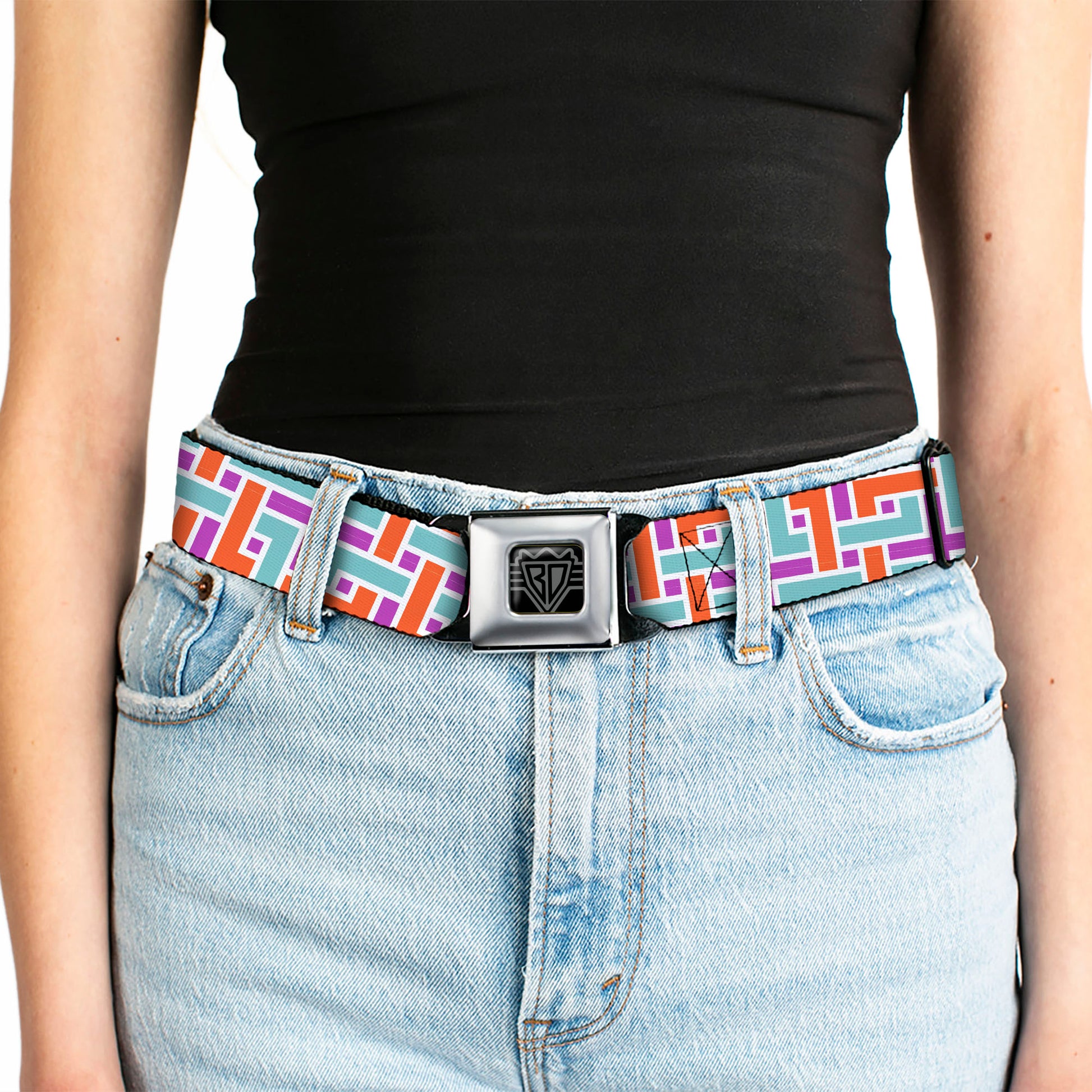 BD Wings Logo CLOSE-UP Full Color Black Silver Seatbelt Belt - Weave CLOSE-UP White/Pink/Orange/Aqua Webbing Seatbelt Belts Buckle-Down