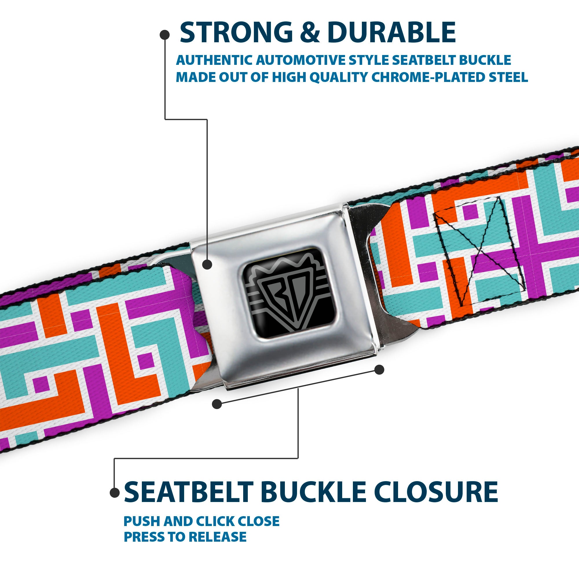 BD Wings Logo CLOSE-UP Full Color Black Silver Seatbelt Belt - Weave CLOSE-UP White/Pink/Orange/Aqua Webbing Seatbelt Belts Buckle-Down