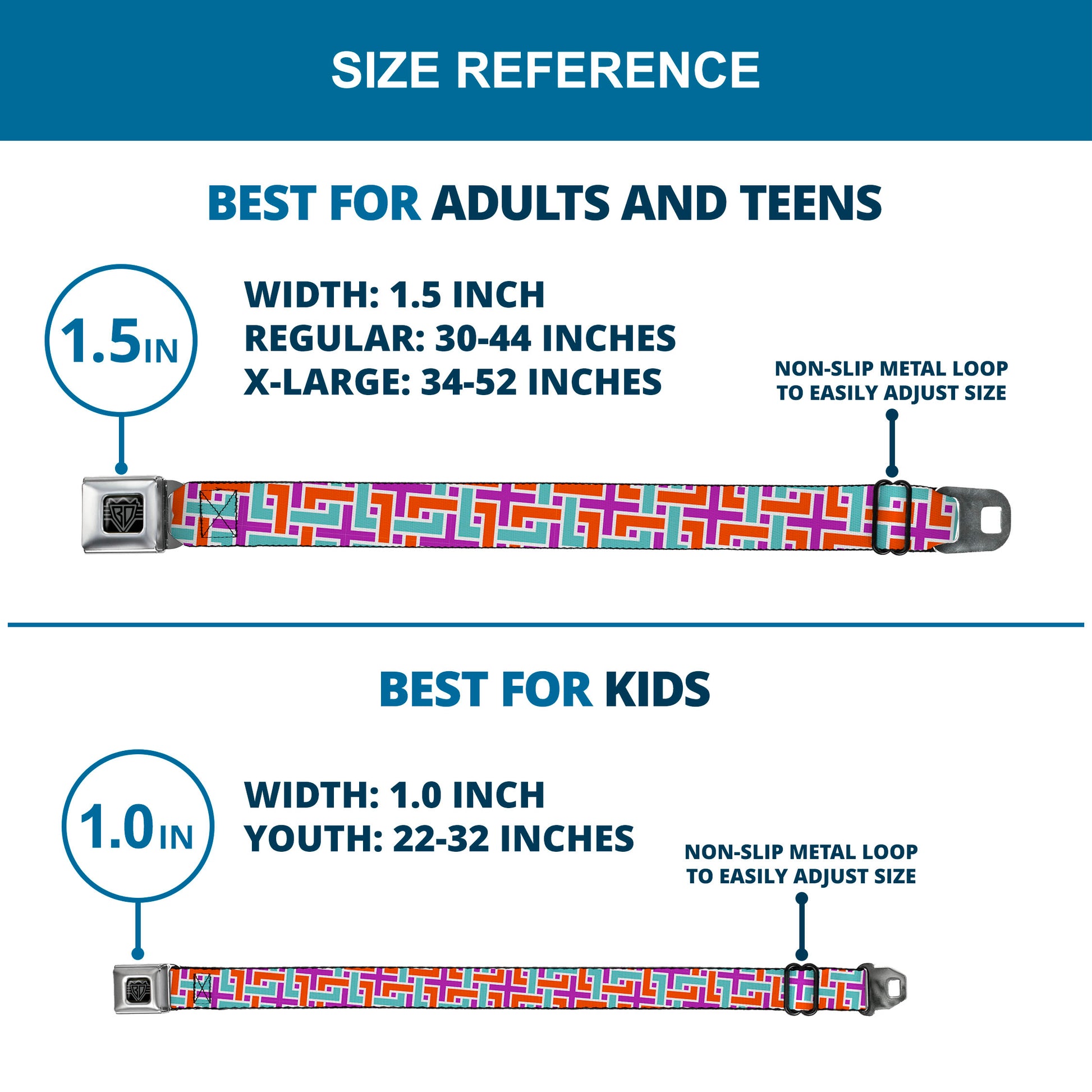 BD Wings Logo CLOSE-UP Full Color Black Silver Seatbelt Belt - Weave CLOSE-UP White/Pink/Orange/Aqua Webbing Seatbelt Belts Buckle-Down