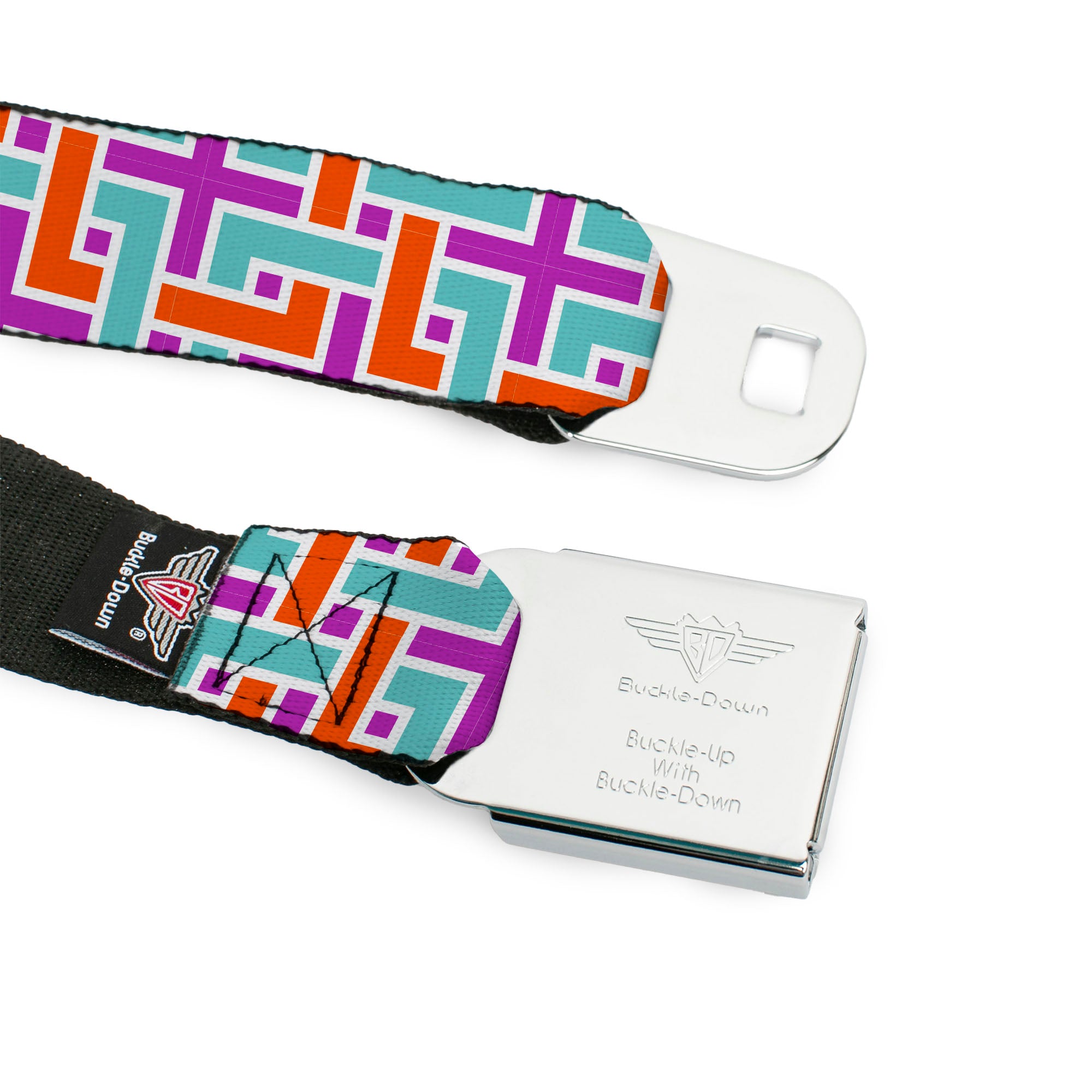 BD Wings Logo CLOSE-UP Full Color Black Silver Seatbelt Belt - Weave CLOSE-UP White/Pink/Orange/Aqua Webbing Seatbelt Belts Buckle-Down