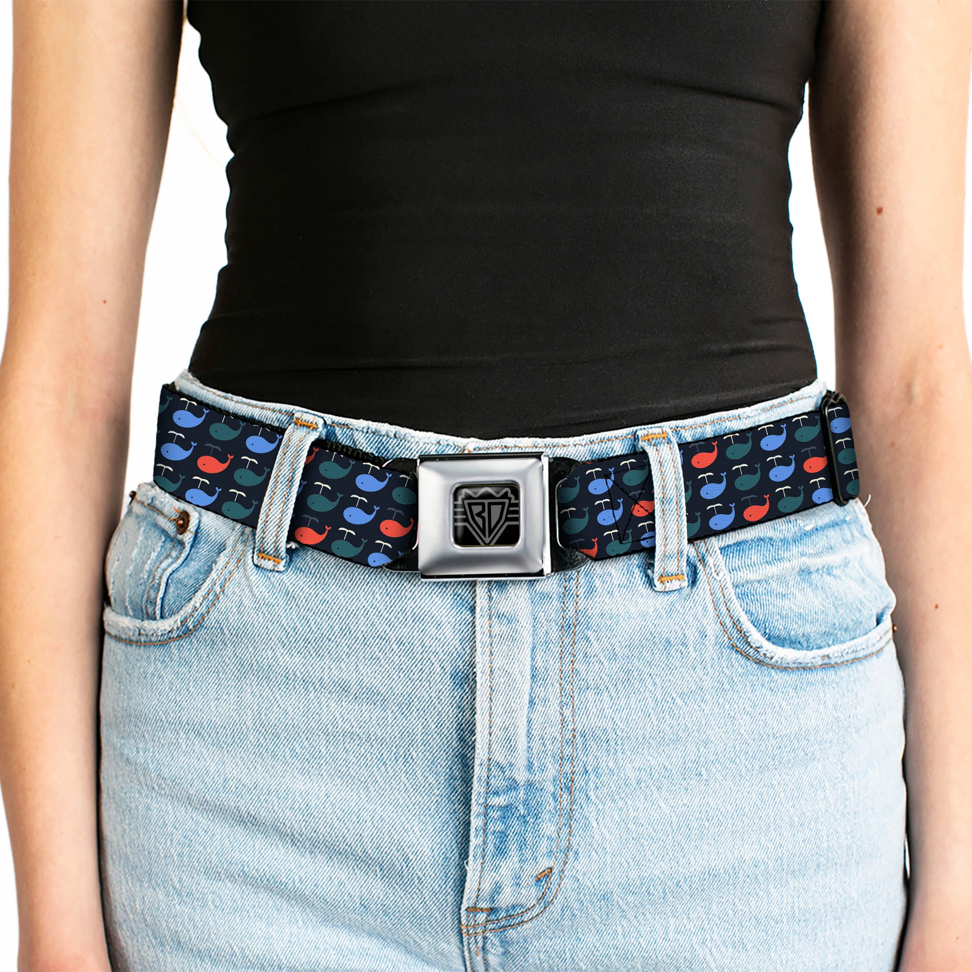 BD Wings Logo CLOSE-UP Full Color Black Silver Seatbelt Belt - Whales Navy/Green/Blue/Red Webbing Seatbelt Belts Buckle-Down