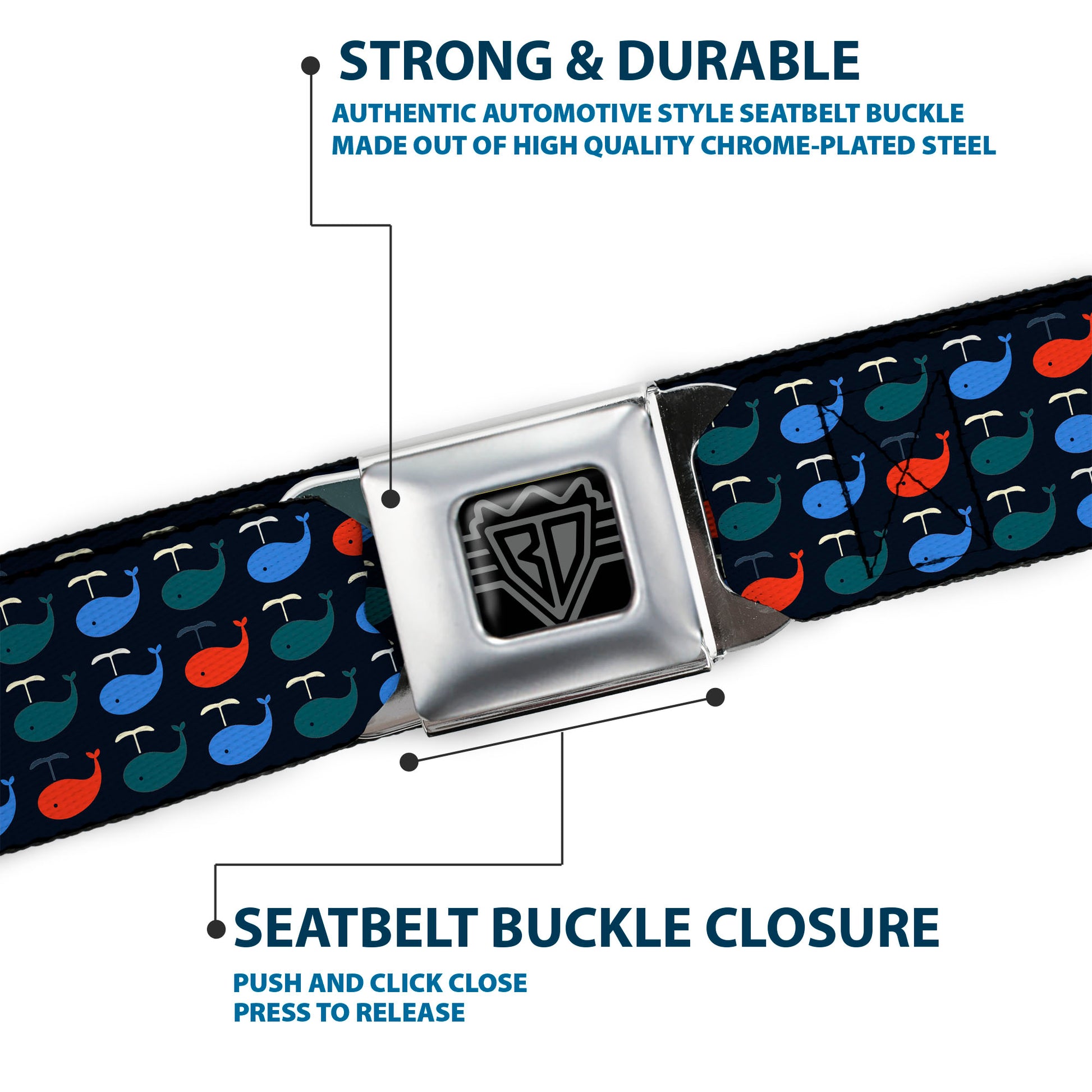 BD Wings Logo CLOSE-UP Full Color Black Silver Seatbelt Belt - Whales Navy/Green/Blue/Red Webbing Seatbelt Belts Buckle-Down