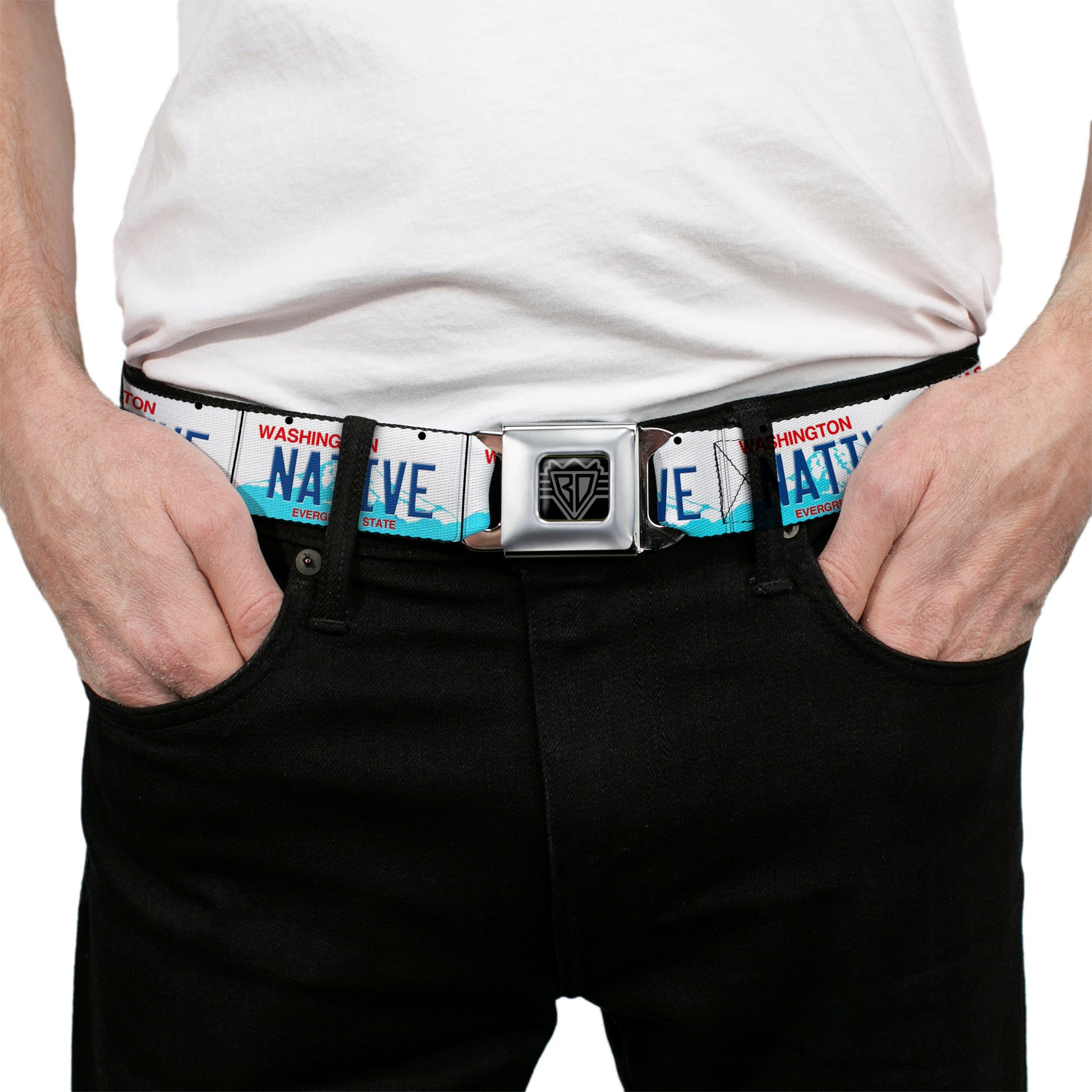 BD Wings Logo CLOSE-UP Full Color Black Silver Seatbelt Belt - Washington License Plate NATIVE Webbing Seatbelt Belts Buckle-Down