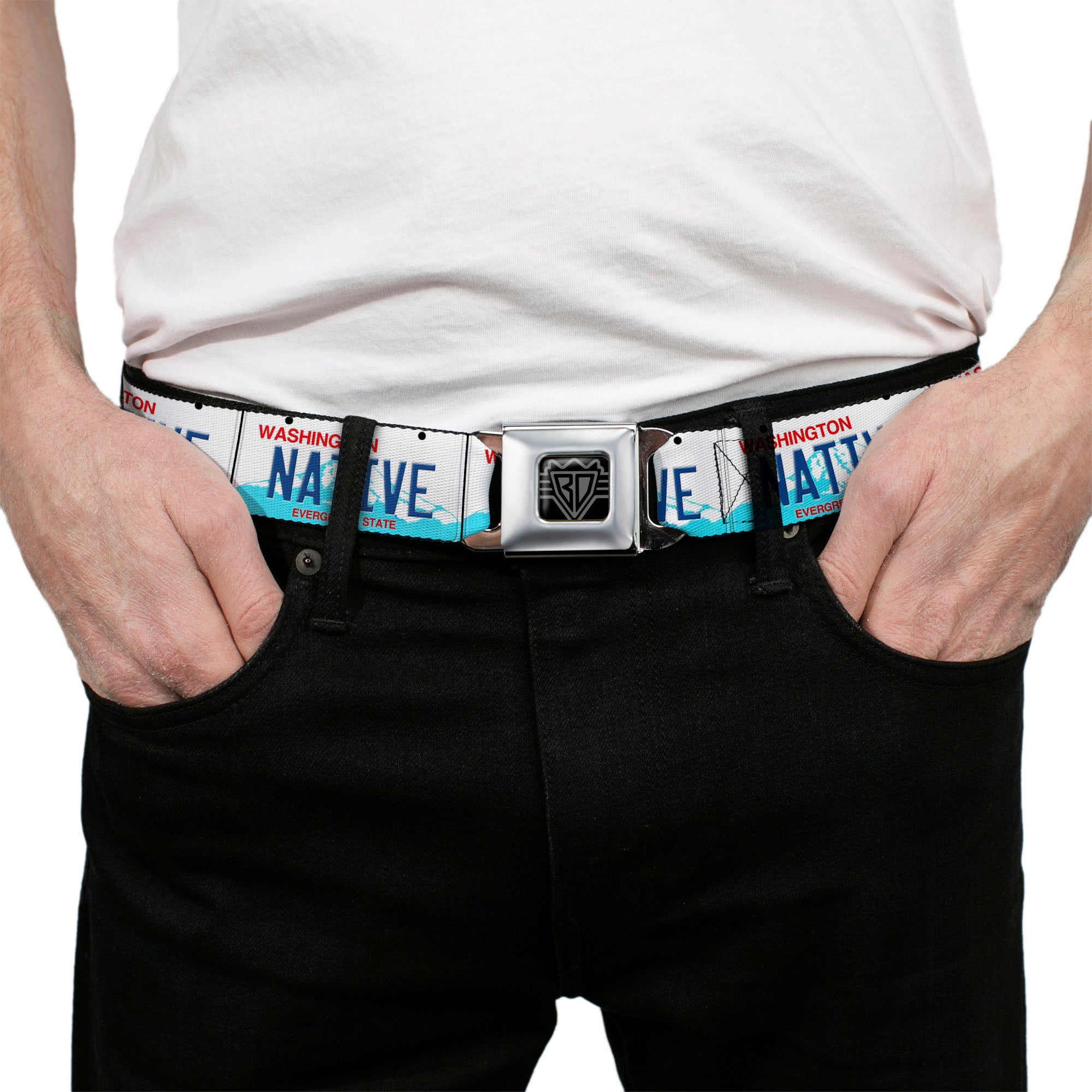 BD Wings Logo CLOSE-UP Full Color Black Silver Seatbelt Belt - Washington License Plate NATIVE Webbing Seatbelt Belts Buckle-Down