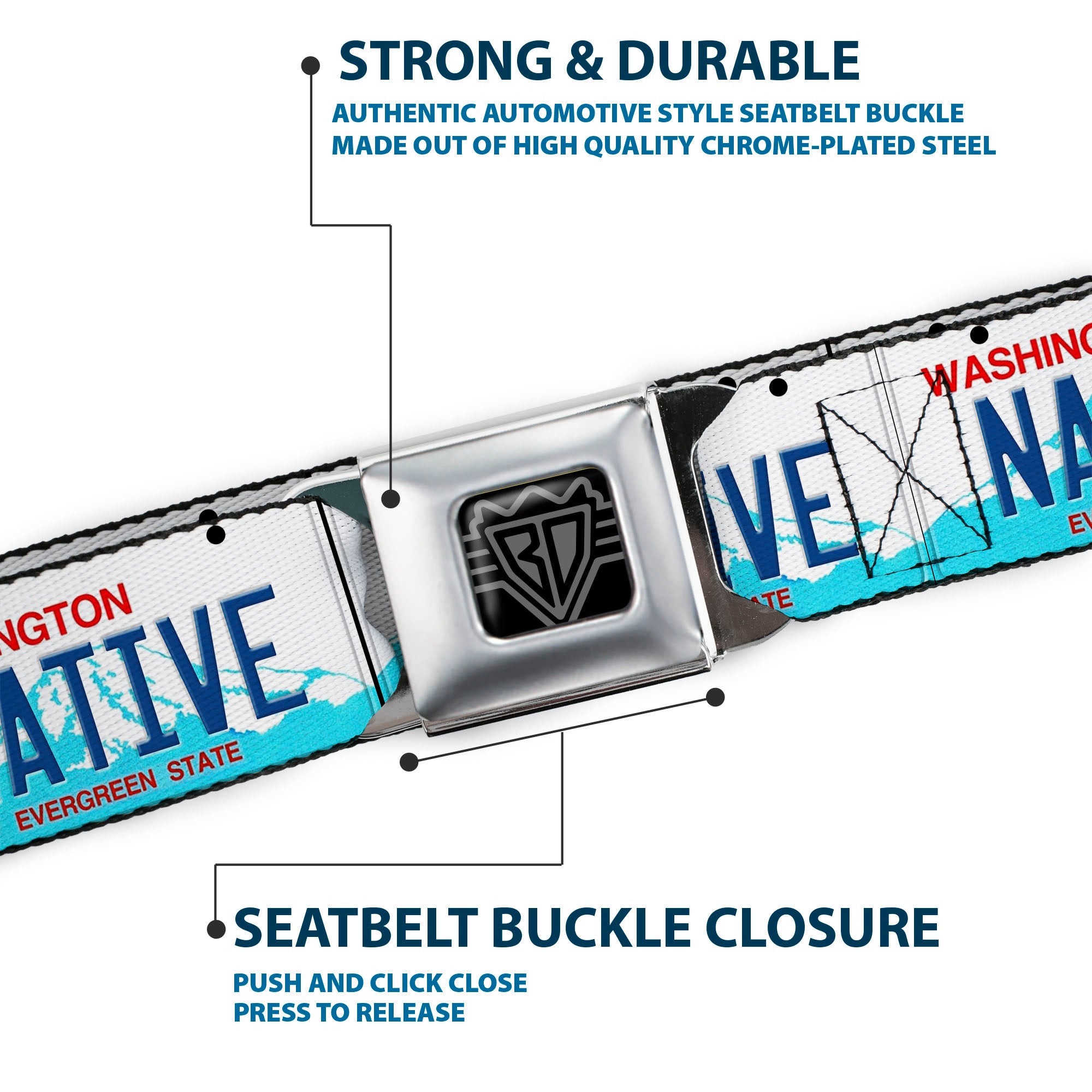 BD Wings Logo CLOSE-UP Full Color Black Silver Seatbelt Belt - Washington License Plate NATIVE Webbing Seatbelt Belts Buckle-Down