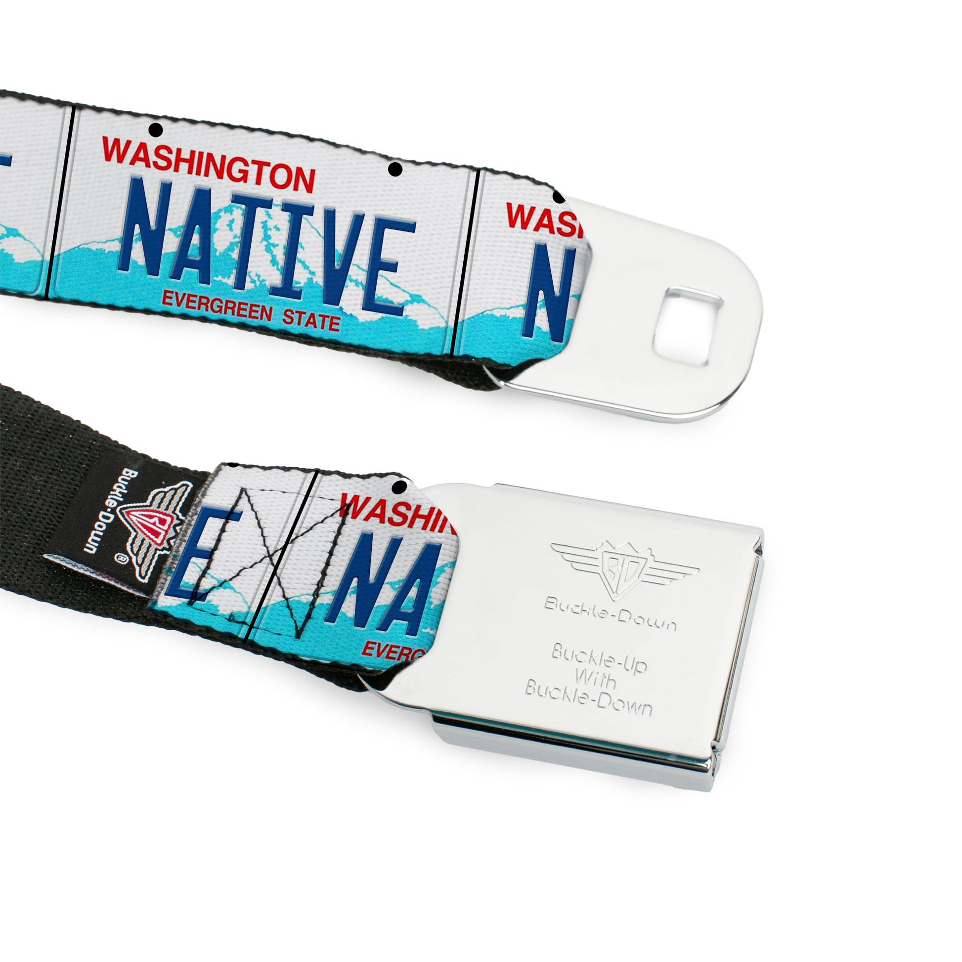 BD Wings Logo CLOSE-UP Full Color Black Silver Seatbelt Belt - Washington License Plate NATIVE Webbing Seatbelt Belts Buckle-Down