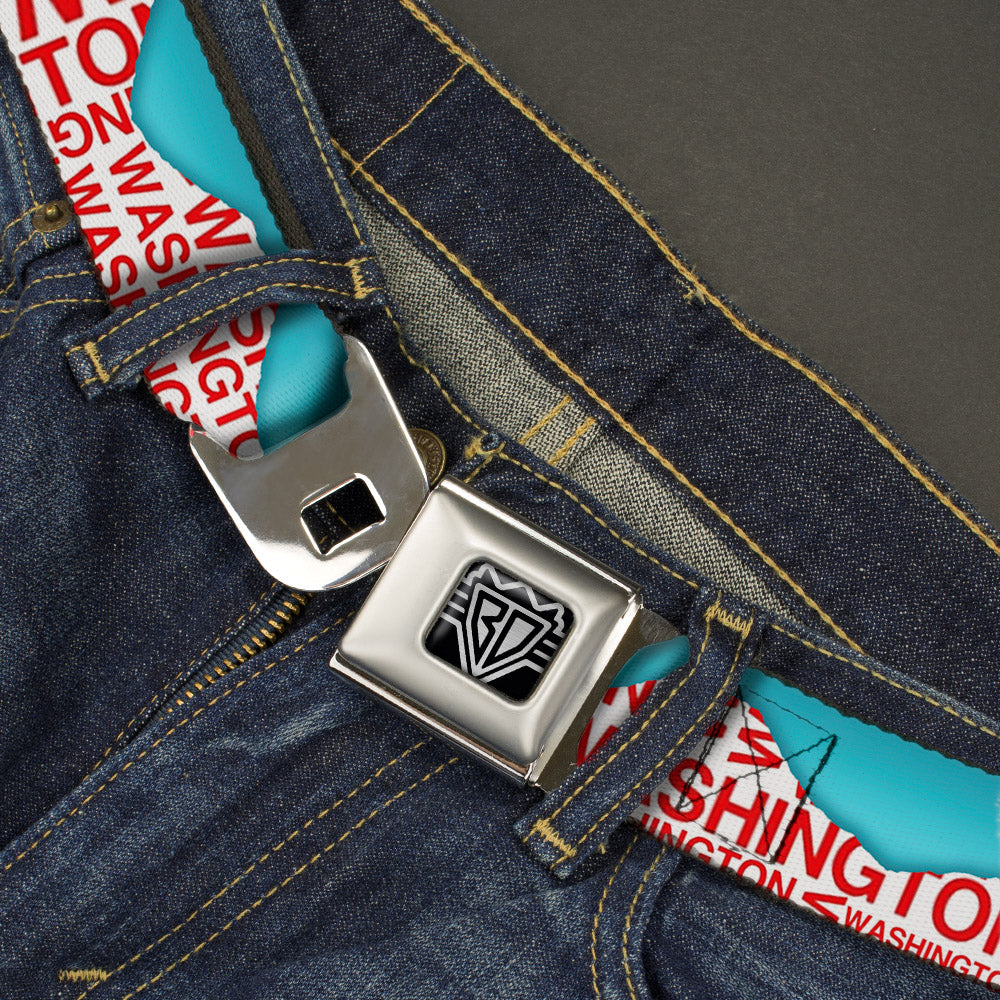 BD Wings Logo CLOSE-UP Full Color Black Silver Seatbelt Belt - WASHINGTON Mountain Range Turquoise/White/Red Webbing Seatbelt Belts Buckle-Down