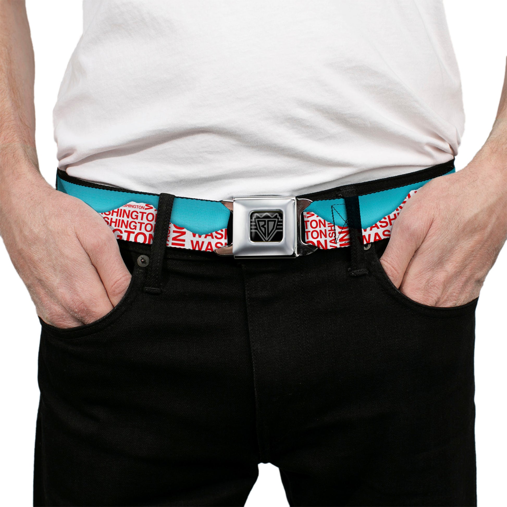 BD Wings Logo CLOSE-UP Full Color Black Silver Seatbelt Belt - WASHINGTON Mountain Range Turquoise/White/Red Webbing Seatbelt Belts Buckle-Down
